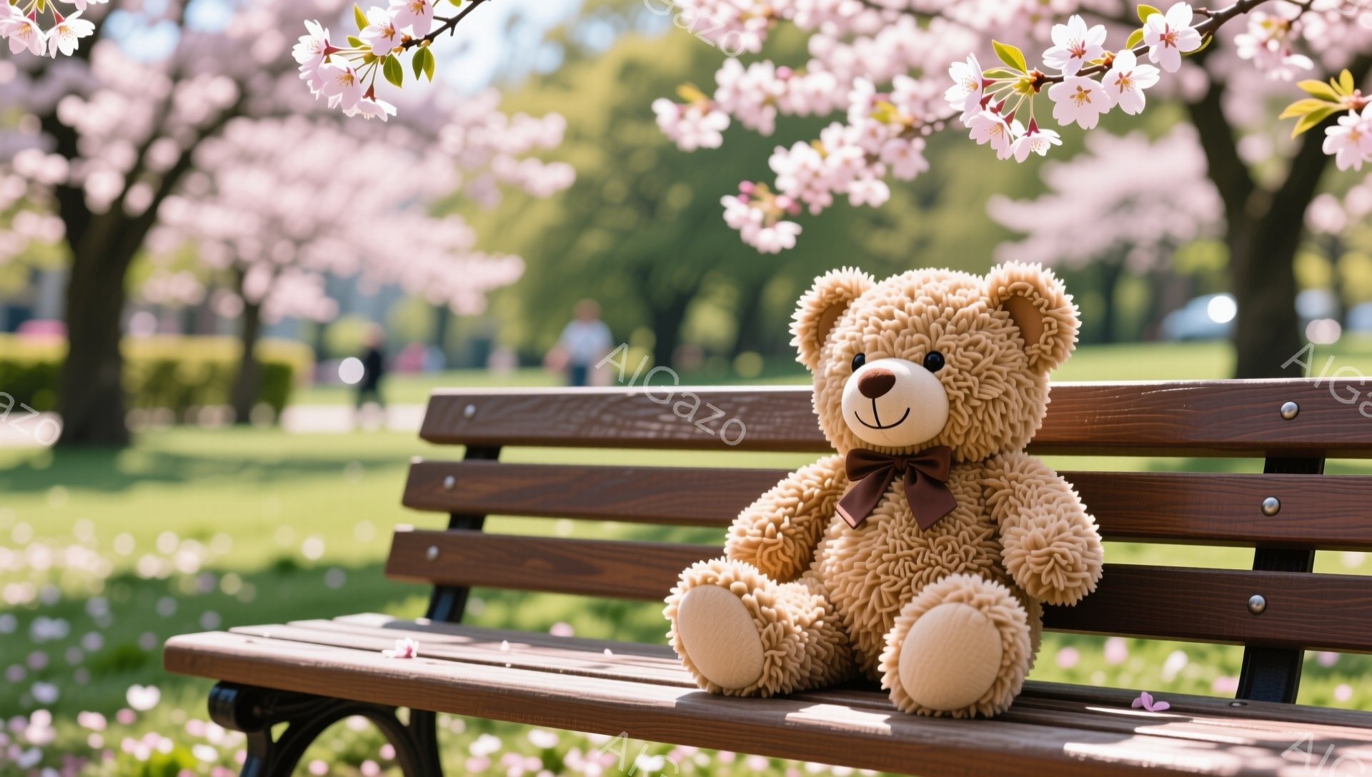 公園のベンチに座るテディベア。ふわふわの茶色の毛並みで、赤いリボンを首に巻いています。背景には桜が咲き乱れ、春の暖かく穏やかな雰囲気が漂っています。 - AI生成フリー素材