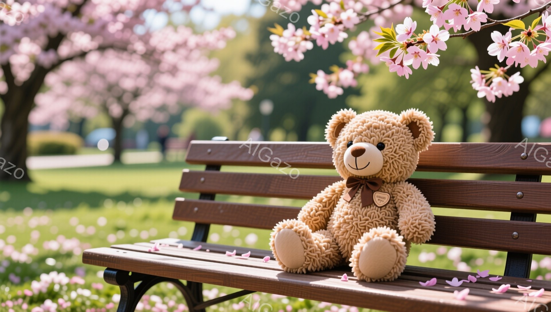 公園のベンチに座るテディベアが写っています。桜の花びらが舞い散る美しい春の日に、優しい雰囲気です。暖かく可愛らしいぬいぐるみは、リラックスした様子で春の訪れを楽しんでいるように見えます。 - AI生成フリー素材