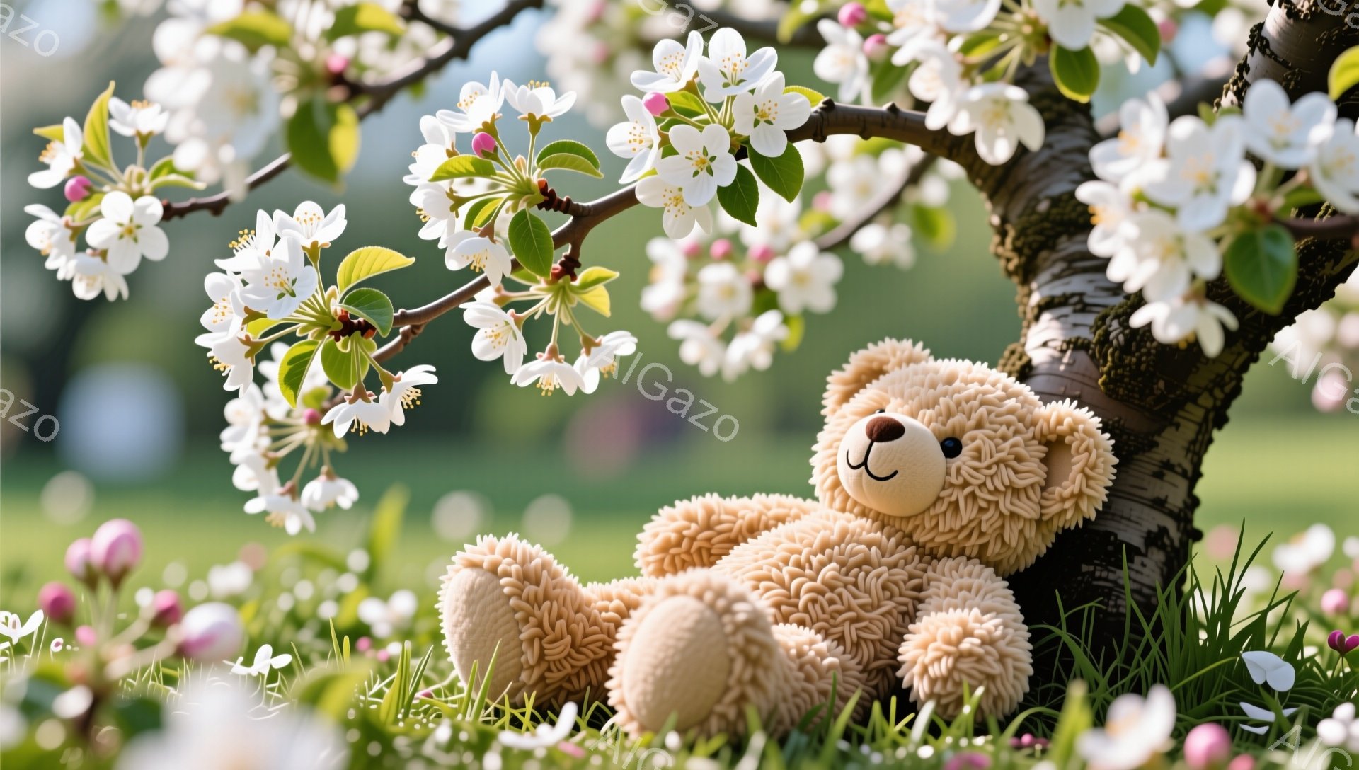 柔らかいテディベアが木の下の草の上に横たわっています。背景には、ピンクと白の花が咲き乱れる木々と緑豊かな草原が広がっています。春の穏やかな日差しが感じられる、暖かく優しい雰囲気の画像です。 - AI生成フリー素材