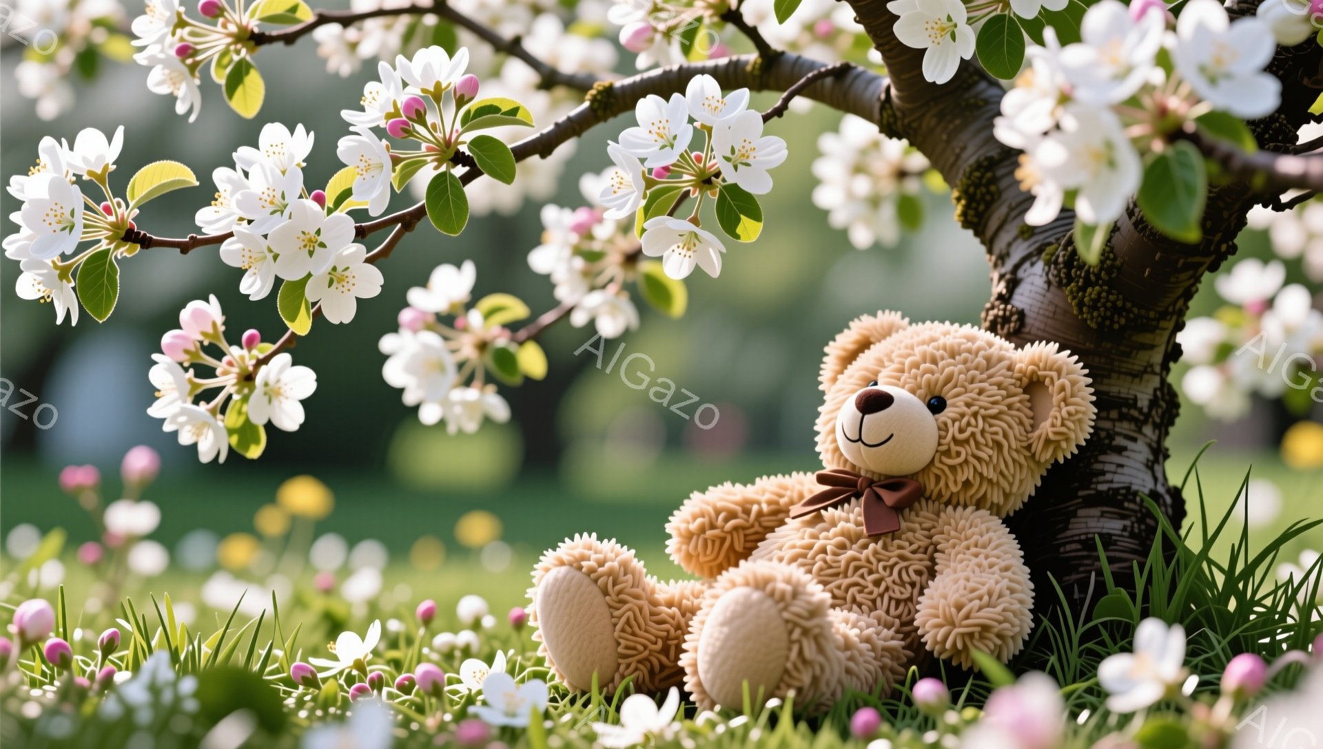柔らかい毛並みのテディベアが、桜の木にもたれて座っています。周りにはピンクや白の可愛らしい花が咲き乱れ、春の穏やかな雰囲気が漂っています。木は太く、テディベアを優しく支えています。 - AI生成フリー素材