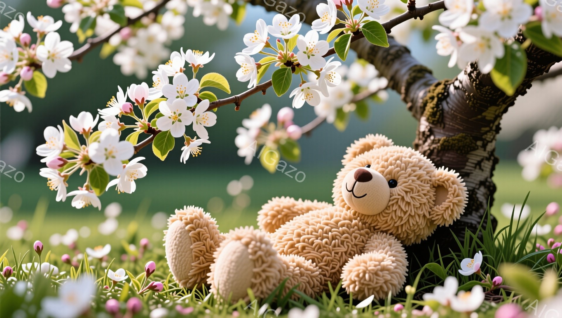 明るい日差しの中、芝生の上に座っているテディベアがいます。背景には、満開の桜の木があり、春の穏やかな雰囲気を醸し出しています。柔らかい毛並みと愛らしい表情が、可愛らしさを引き立てています。