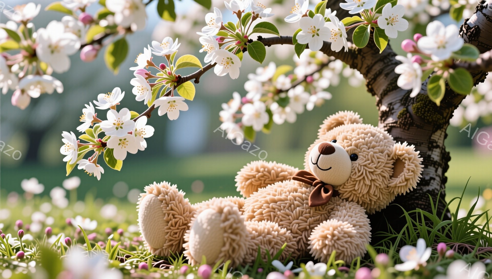 柔らかい毛並みのテディベアが木にもたれて座っています。周りにはピンクと白の可愛らしい花々が咲き乱れ、春の穏やかな雰囲気を感じさせます。背景は緑の草むらとぼやけた木々で、心地よい春の日の光が差し込んでい - AI生成フリー素材