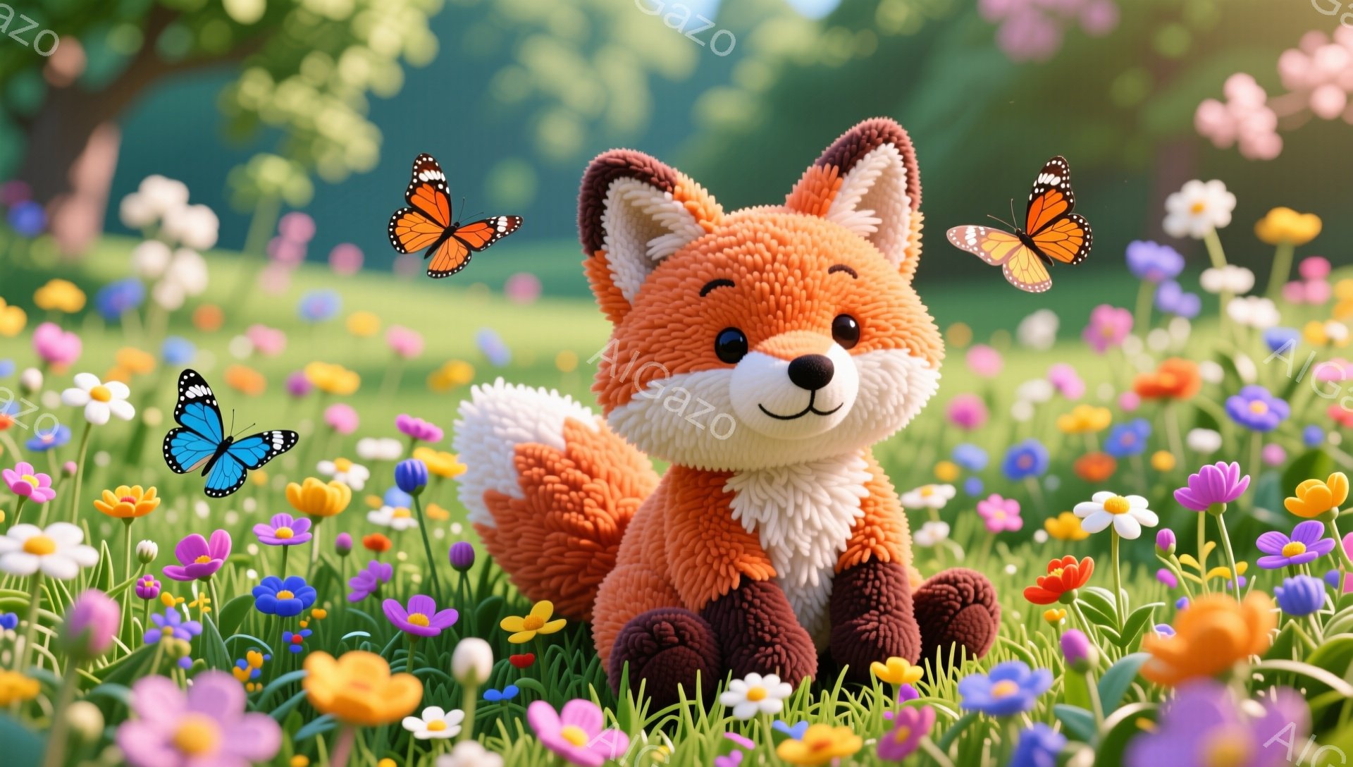 明るい花畑に座っている愛らしいキツネのぬいぐるみです。毛並みはふわふわで、表情は穏やかで、蝶が周りを舞っています。春らしい暖かく、優しい雰囲気のイラストです。