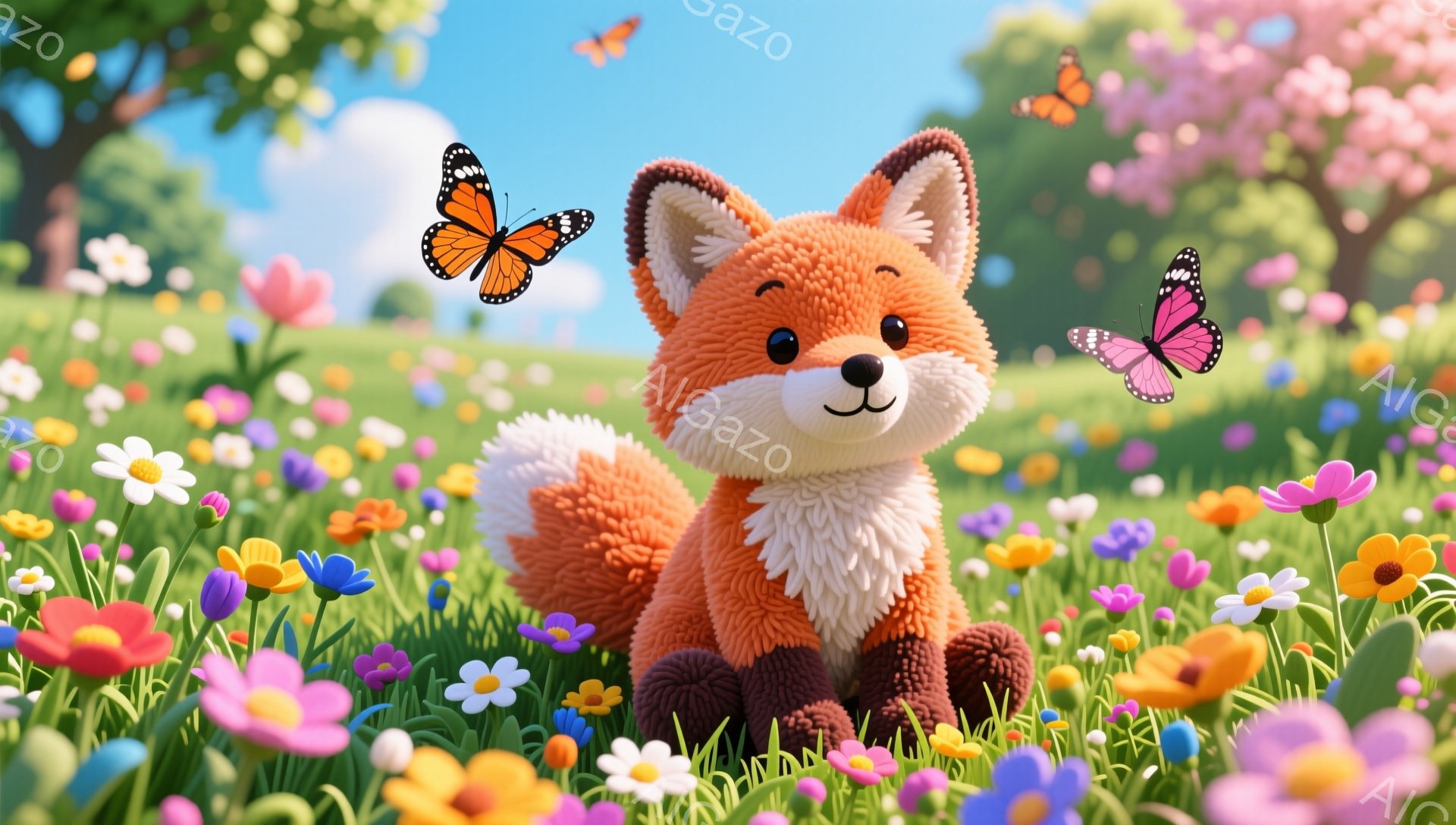 明るい緑の草原で、ふわふわの赤いキツネが花の間でリラックスしています。キツネは丸い耳と笑顔で愛らしい表情をしています。周りには色とりどりの花が咲き乱れ、背景には桜の木が見え、春らしい暖かい雰囲気です。 - AI生成フリー素材