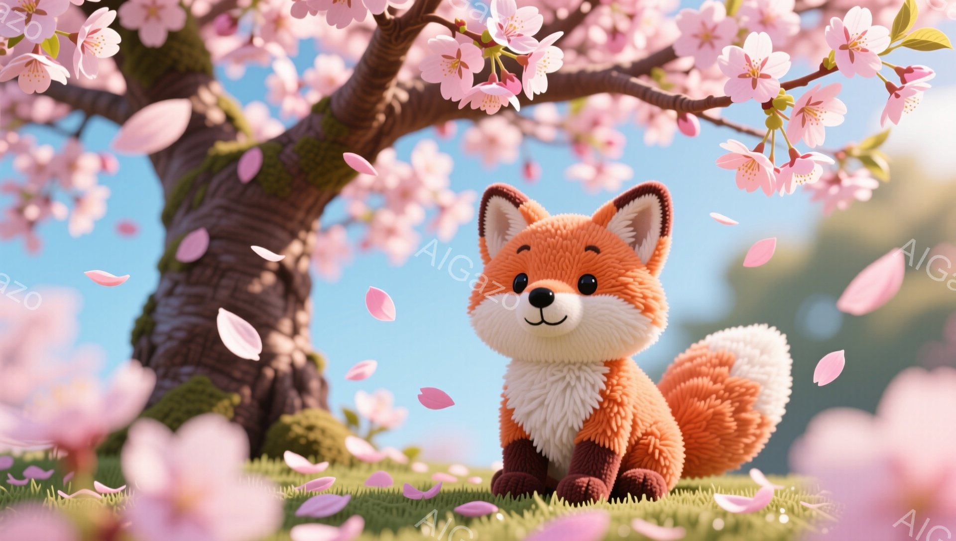 桜の木の下で、ふわふわのオレンジ色のキツネが座っています。キツネは笑顔で、ピンク色の桜の花びらが舞い散る春の日に、可愛らしい姿を見せています。背景には緑の草むらと青空が広がり、暖かく穏やかな雰囲気です - AI生成フリー素材