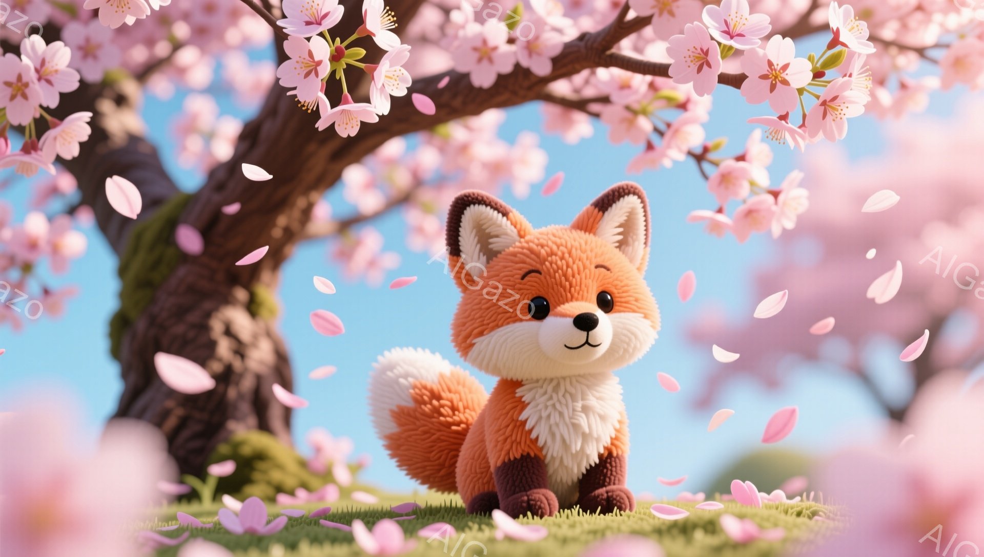 可愛らしいキツネが、桜の木の下の緑の丘の上に座っています。周りには桜の花びらが舞い散り、春の暖かい雰囲気を感じさせます。背景には青空が広がり、穏やかで平和な情景が広がっています。 - AI生成フリー素材