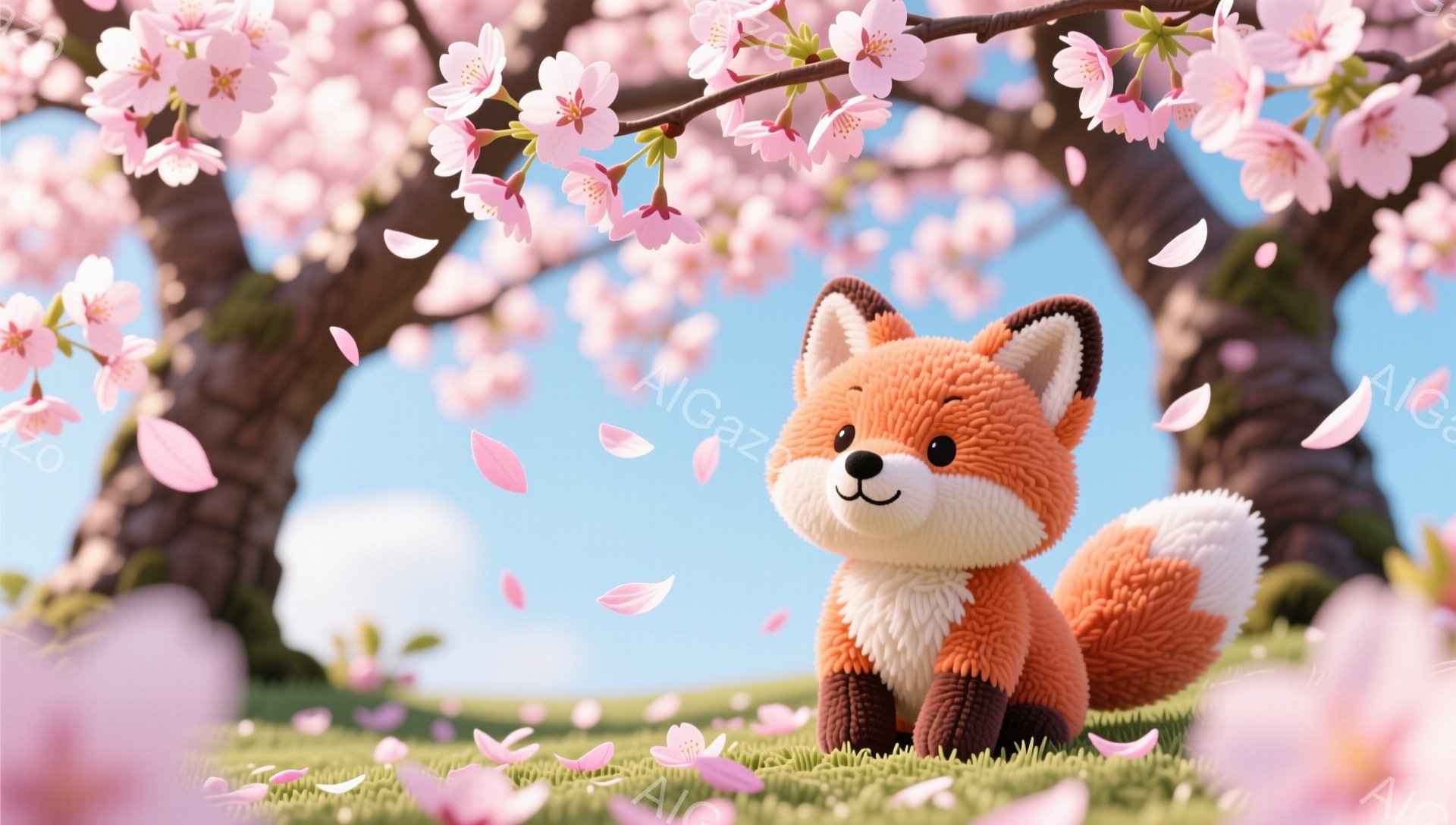 明るい青空の下、桜が舞い散る草原に、ふわふわとした毛並みの小さな狐が座っています。オレンジ色の毛並みに白い胸元が可愛らしく、優しい表情でこちらを見ています。春の暖かな日差しを感じさせる、穏やかな雰囲気のイラストです。