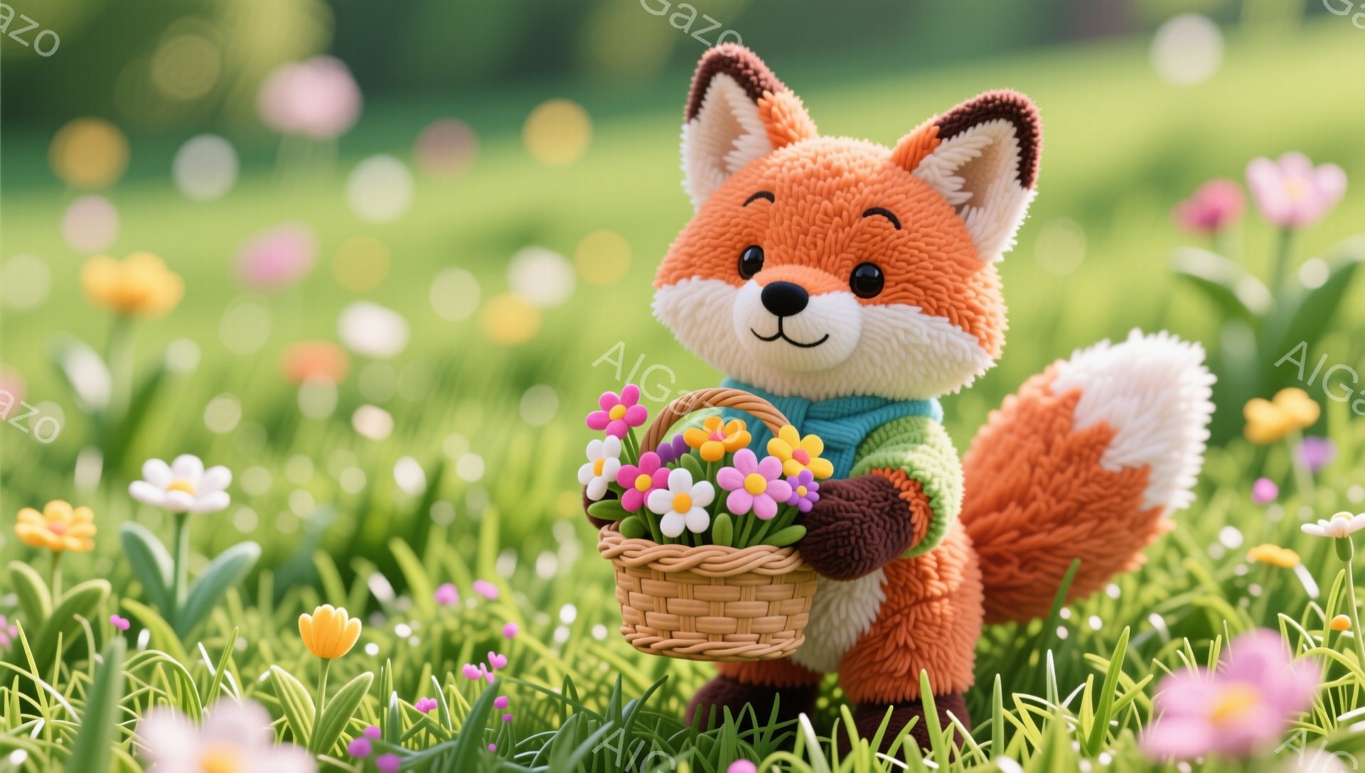 明るい緑の草原で、オレンジ色の毛並みをしたキツネが微笑んでいます。小さなバスケットを持っており、色とりどりの花が満載です。可愛らしいキツネは、春の暖かさと喜びを表現しています。