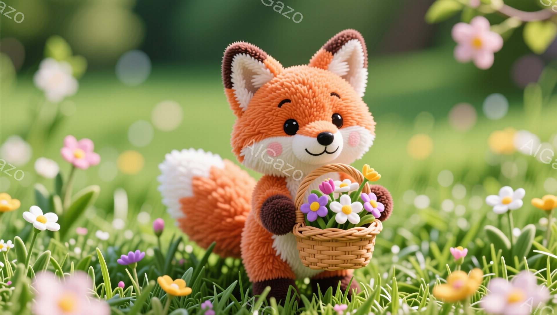 明るい緑の草原に、オレンジ色のキツネが立っている。キツネは花でいっぱいの小さなバスケットを持っていて、穏やかで幸せそうな表情をしている。背景には、ピンクと黄色の花が咲き乱れており、春の暖かな雰囲気を醸 - AI生成フリー素材