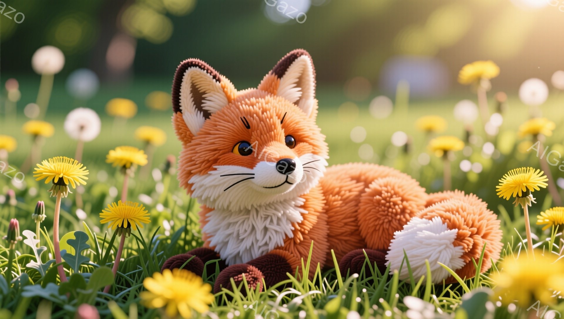 明るい日差しの下、タンポポ畑でリラックスしたキツネが描かれています。 キツネはオレンジ色の毛並みで、ふっくらとした体つきで、可愛らしい表情をしています。 周囲には鮮やかなタンポポが咲き乱れ、春らしい穏 - AI生成フリー素材