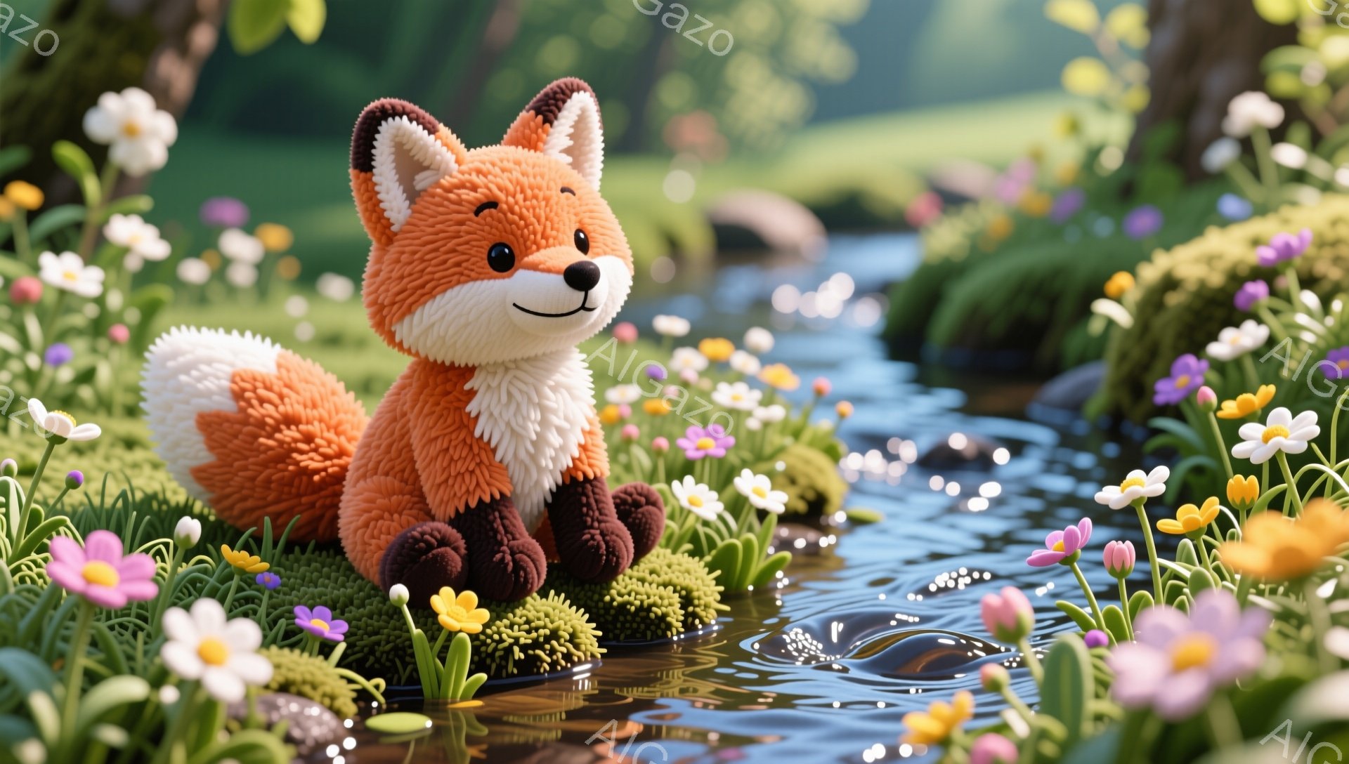明るい日差しの下、毛むくじゃらのオレンジ色のキツネが小川のそばに座っています。キツネは丸い目と笑顔で、周囲の花々がカラフルに咲き誇っています。穏やかで可愛らしい雰囲気が漂う、牧歌的な風景です。