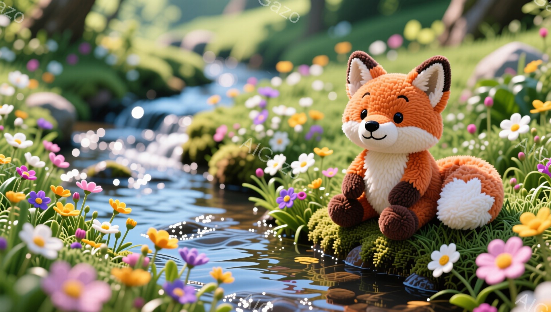 毛糸で作られたキツネが、花が咲き乱れる小川のそばに座っています。キツネはオレンジ色で、ふんわりとした毛並みで、可愛らしい表情をしています。背景には緑豊かな植物と水が流れ、穏やかで平和な雰囲気を醸し出しています。