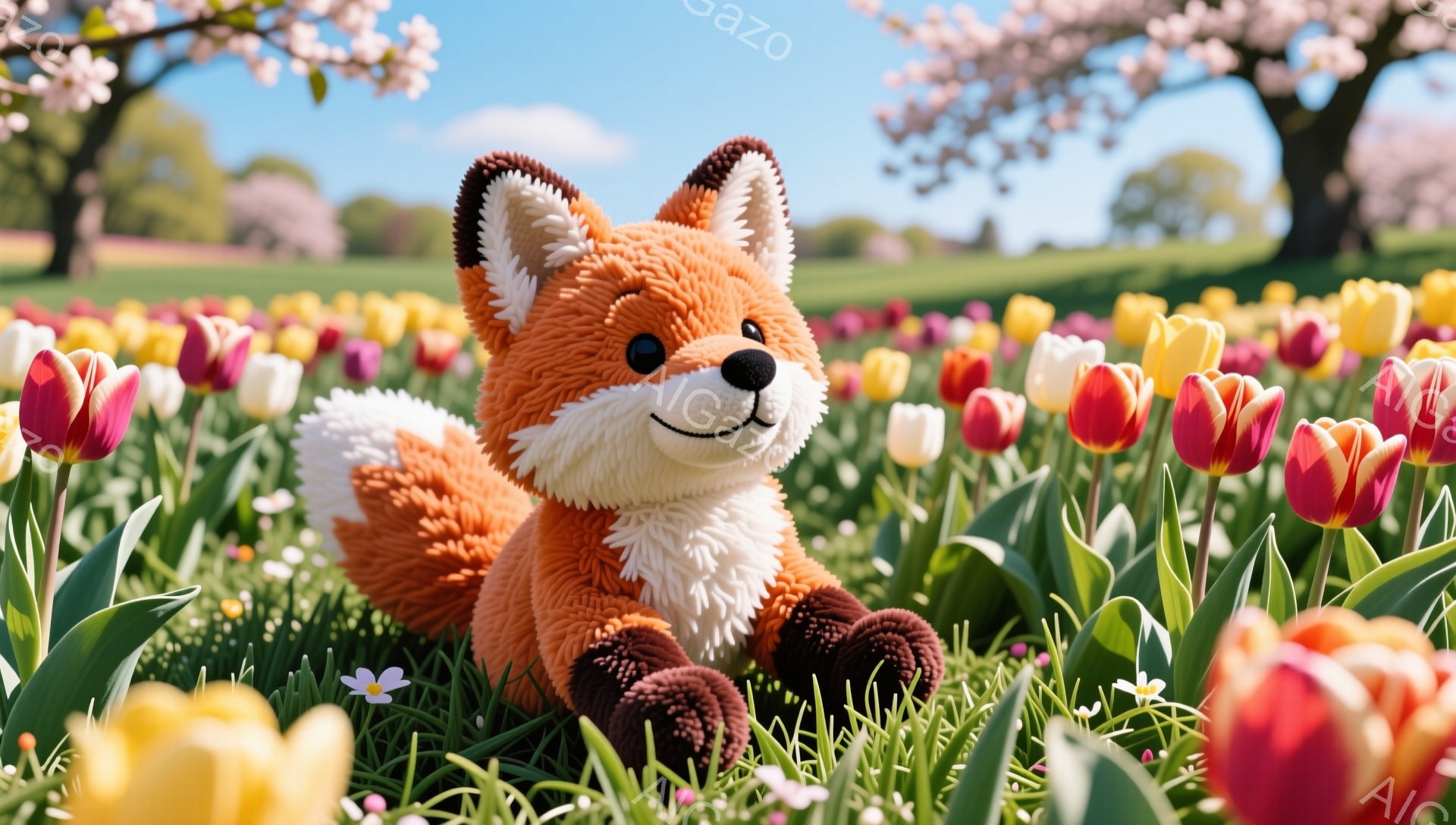 明るい春の日に、可愛らしい子ギツネがチューリップ畑の中でくつろいでいます。ふわふわのオレンジ色の毛並みと、つぶらな瞳が印象的です。背景には桜の木が見え、穏やかで優しい雰囲気を醸し出しています。