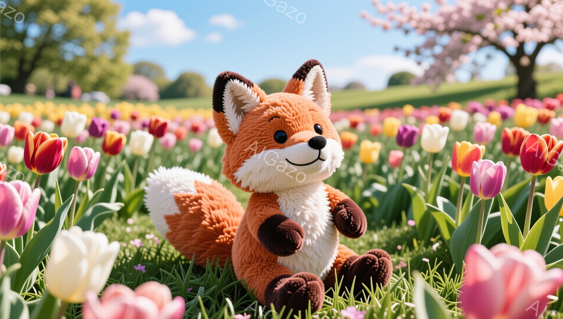 広大なチューリップ畑に置かれた、ふわふわのオレンジ色のキツネのぬいぐるみです。キツネは前足を伸ばして座っており、笑顔でこちらを見つめています。背景には緑の芝生と、ぼやけた桜の木が見え、春らしい穏やかな - AI生成フリー素材