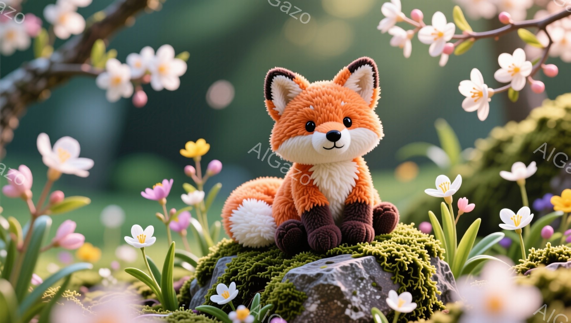 明るい春の日に、苔の生えた岩の上に座っている愛らしいキツネが描かれています。キツネはオレンジ色の毛並みで、丸い黒い目と微笑みを浮かべており、周囲には桜や他の春の花々が咲き乱れています。柔らかい光と色合 - AI生成フリー素材