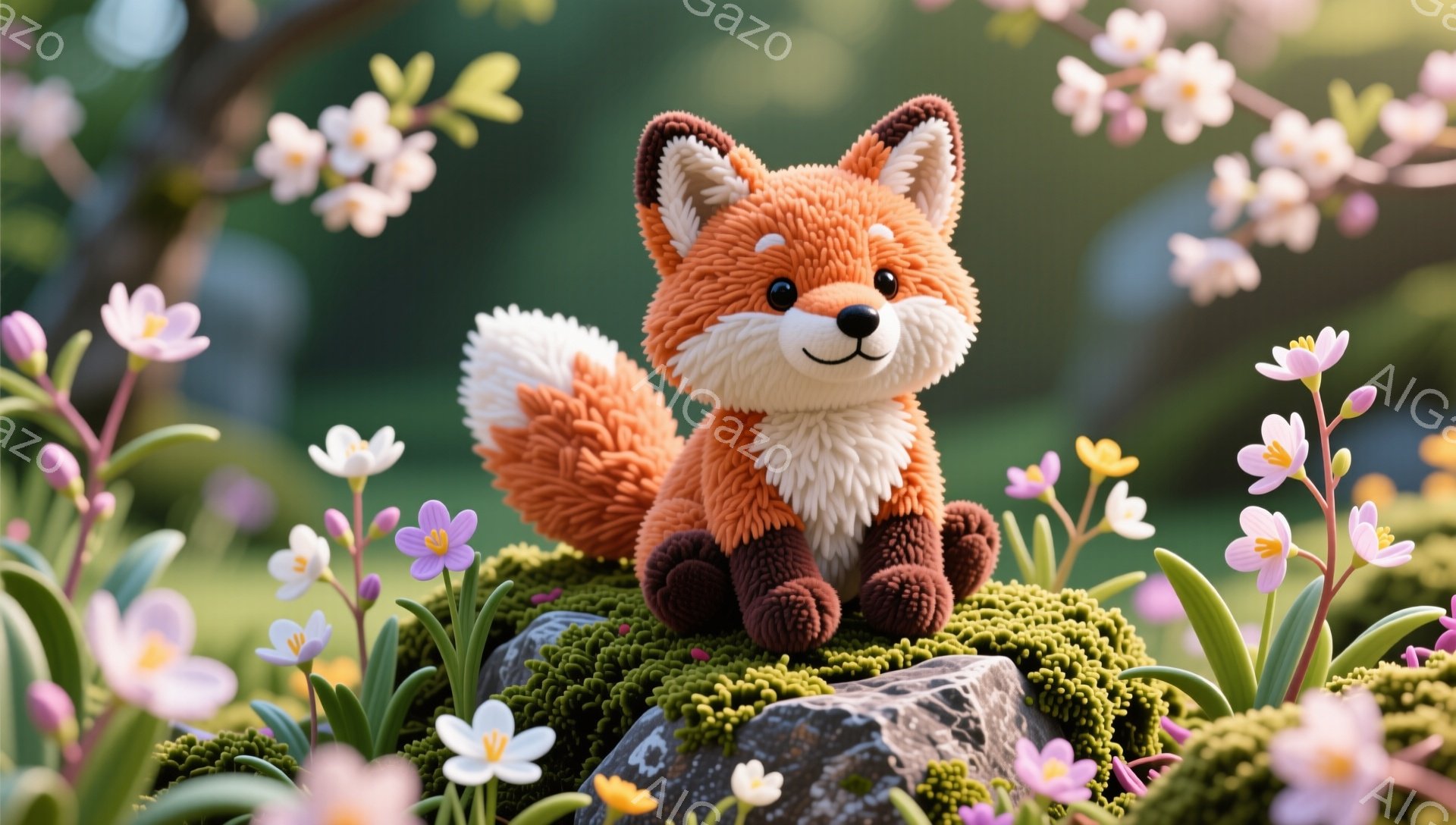 鮮やかなピンクの花々に囲まれた苔の生えた岩の上に、愛らしいキツネが座っています。ふわふわとした毛並みと丸いフォルムが特徴で、まるで手作りのぬいぐるみのように見えます。春の陽光が差し込み、暖かく穏やかな - AI生成フリー素材