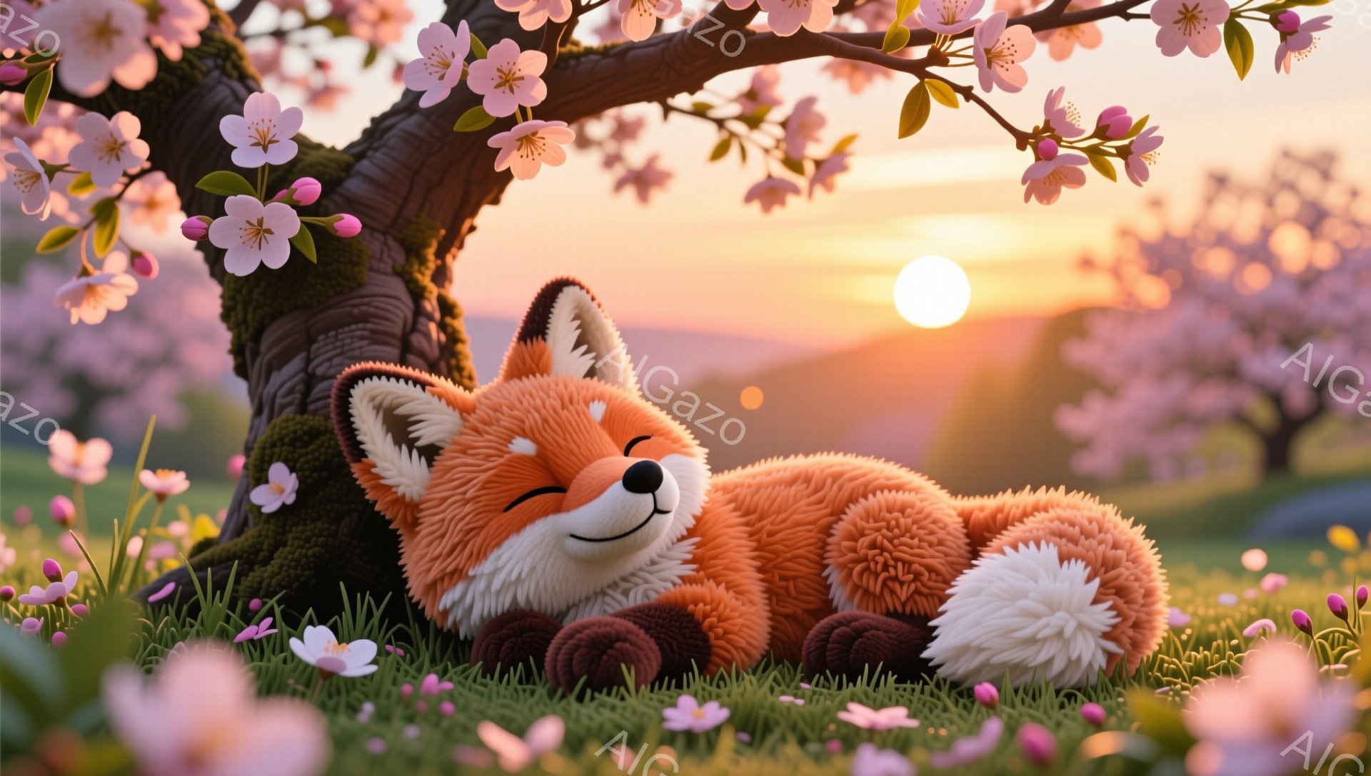 明るい夕焼けを背景に、草の上に横たわって眠る丸いオレンジ色の狐が描かれています。ピンク色の桜の花びらが舞い散り、平和で穏やかな雰囲気を醸し出しています。毛並みがふわふわとしていて、愛らしい表情をしています。
