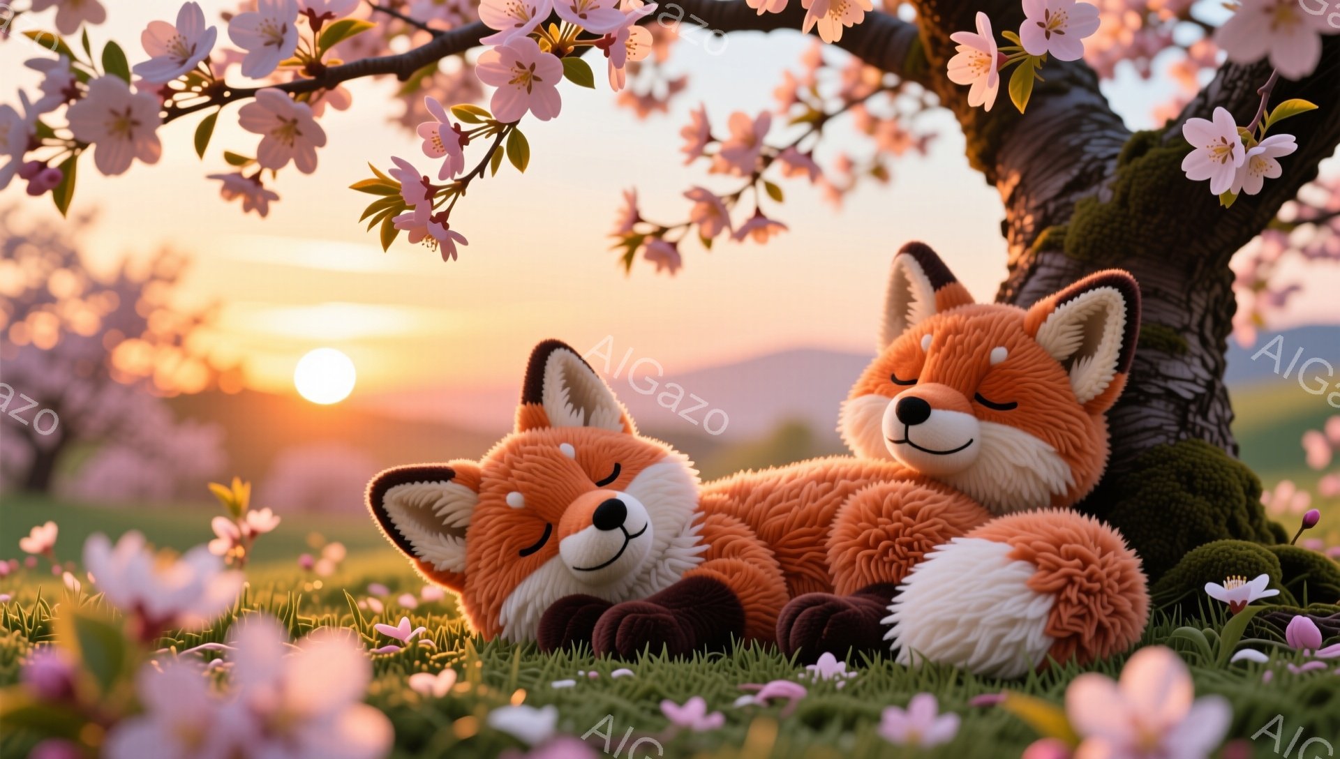 桜の木の下で寄り添って眠っている2匹のキツネが描かれています。夕暮れ時の穏やかな光がキツネたちを照らし、平和で優しい雰囲気を醸し出しています。ピンク色の桜の花びらが舞い、春の暖かさを感じさせます。