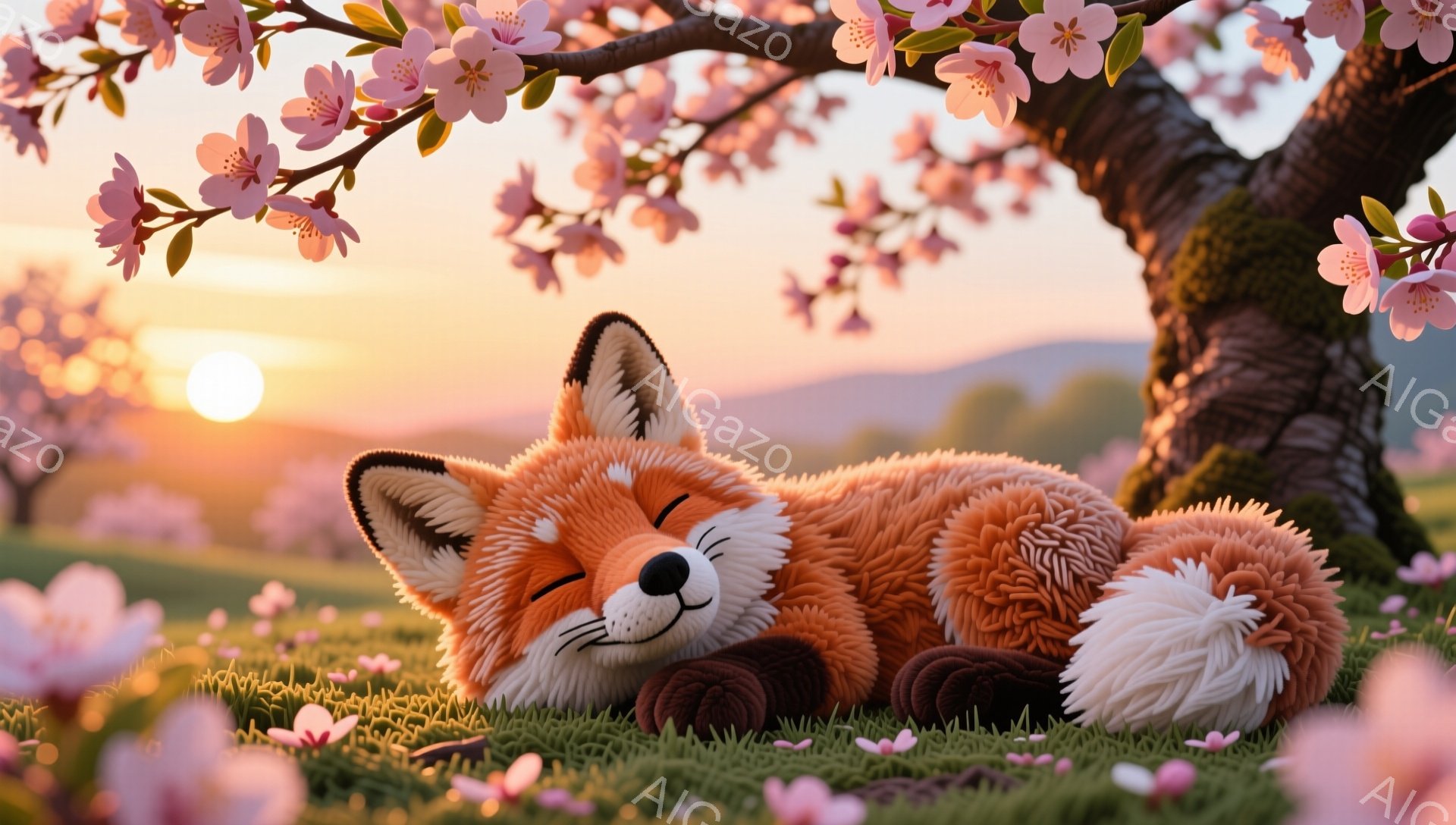 明るい夕焼けを背景に、草原で丸くなって眠る毛並みの美しい狐が描かれています。桜の花びらが舞い散り、春の暖かな雰囲気が伝わってきます。穏やかで平和な光景です。 - AI生成フリー素材