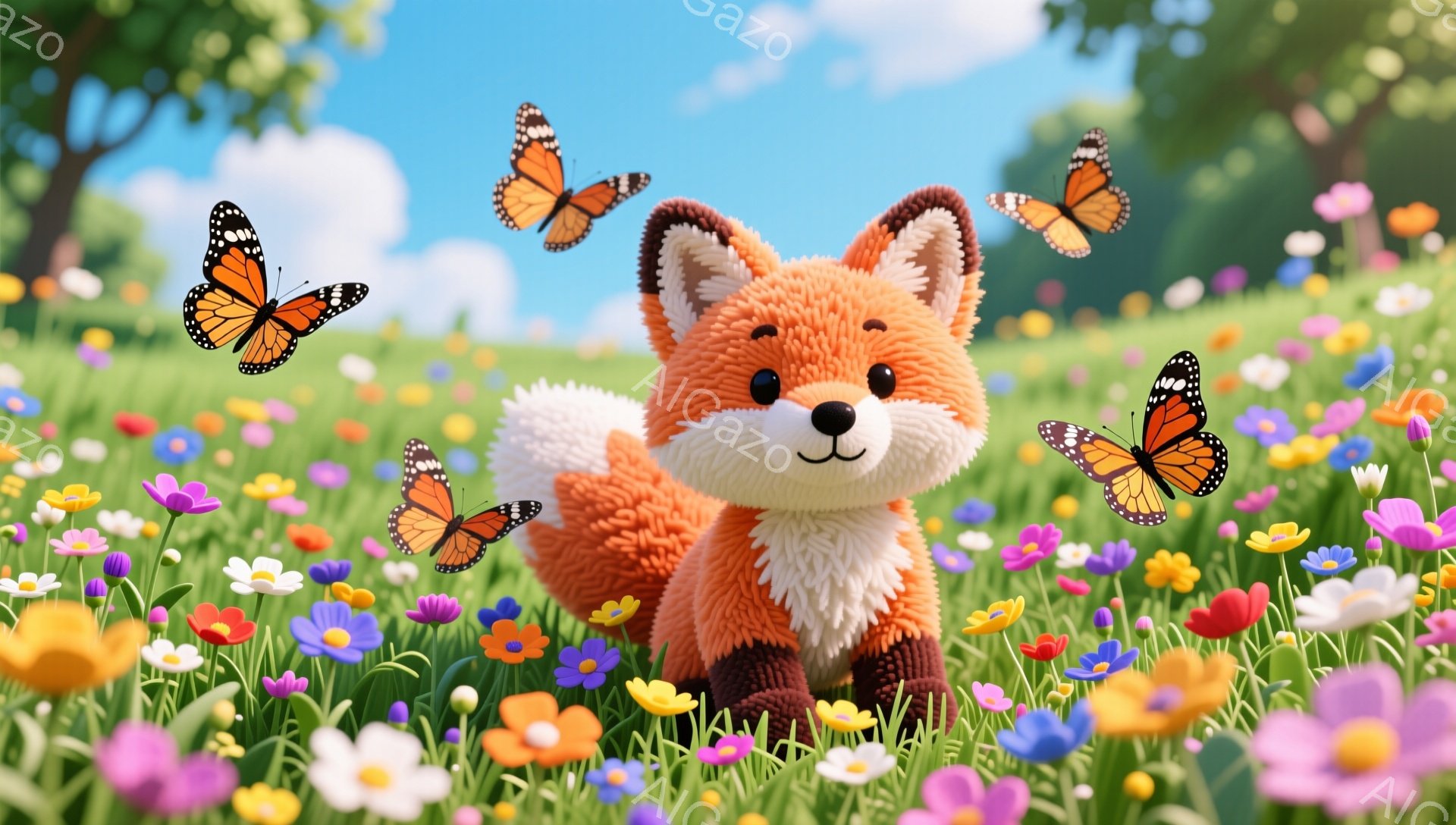 明るい緑の草原で、オレンジ色のキツネが花の間で座っています。 蝶がキツネの周りを飛び回り、周囲は色とりどりの花でいっぱいです。 温かく、幸せな雰囲気が感じられます。 - AI生成フリー素材
