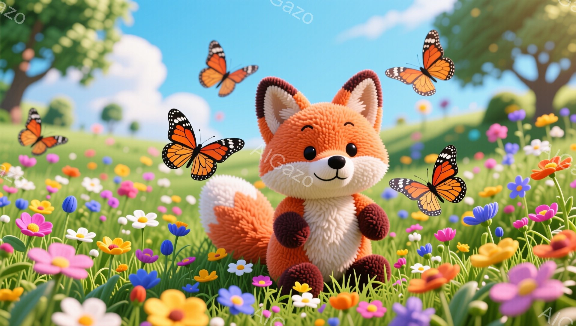 オレンジ色の可愛らしいキツネが、色とりどりの花畑に囲まれて立っている。周りには蝶が舞っており、春らしい穏やかな雰囲気が漂っている。キツネは嬉しそうに微笑んでいる。 - AI生成フリー素材