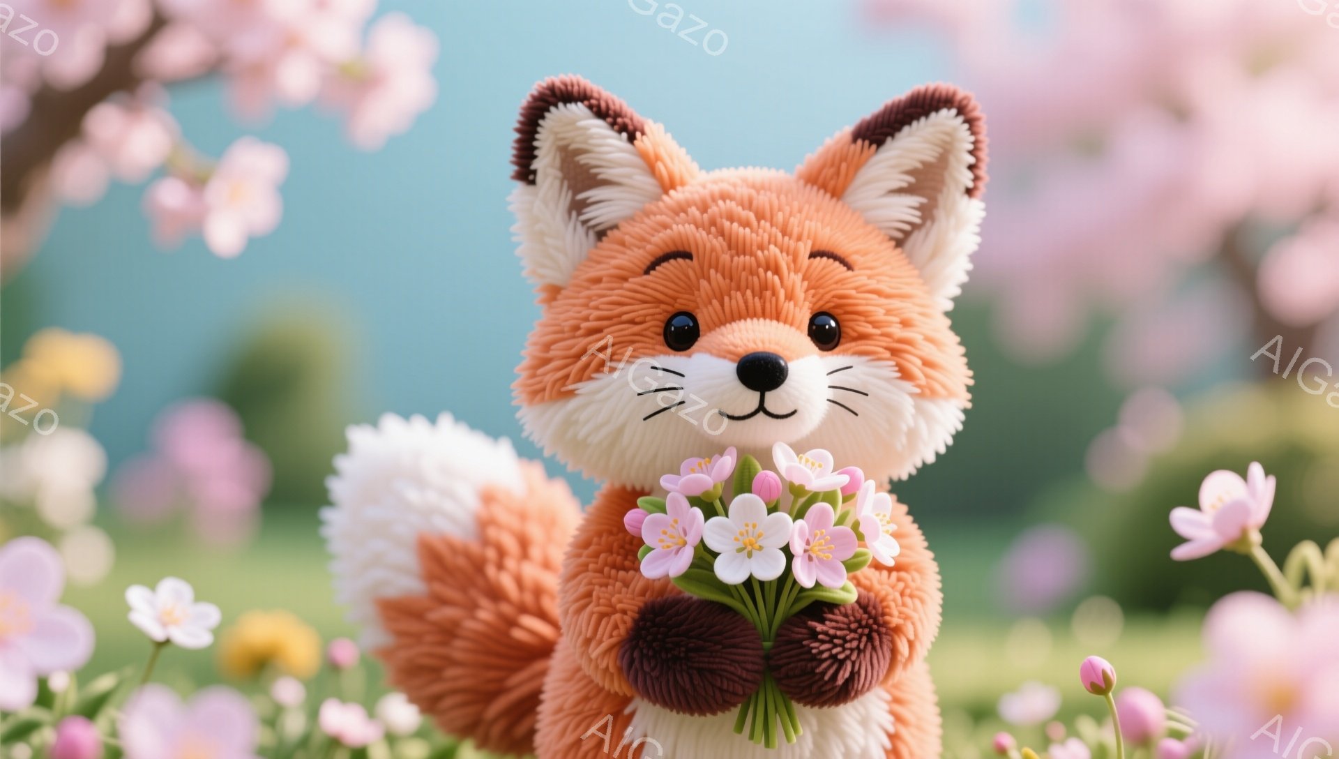 明るいピンク色の桜の花を抱えた、ふわふわのオレンジ色の狐が描かれています。背景には桜の木々が咲き誇り、春の暖かな雰囲気が漂っています。愛らしい表情と鮮やかな色彩が魅力的なイラストです。 - AI生成フリー素材