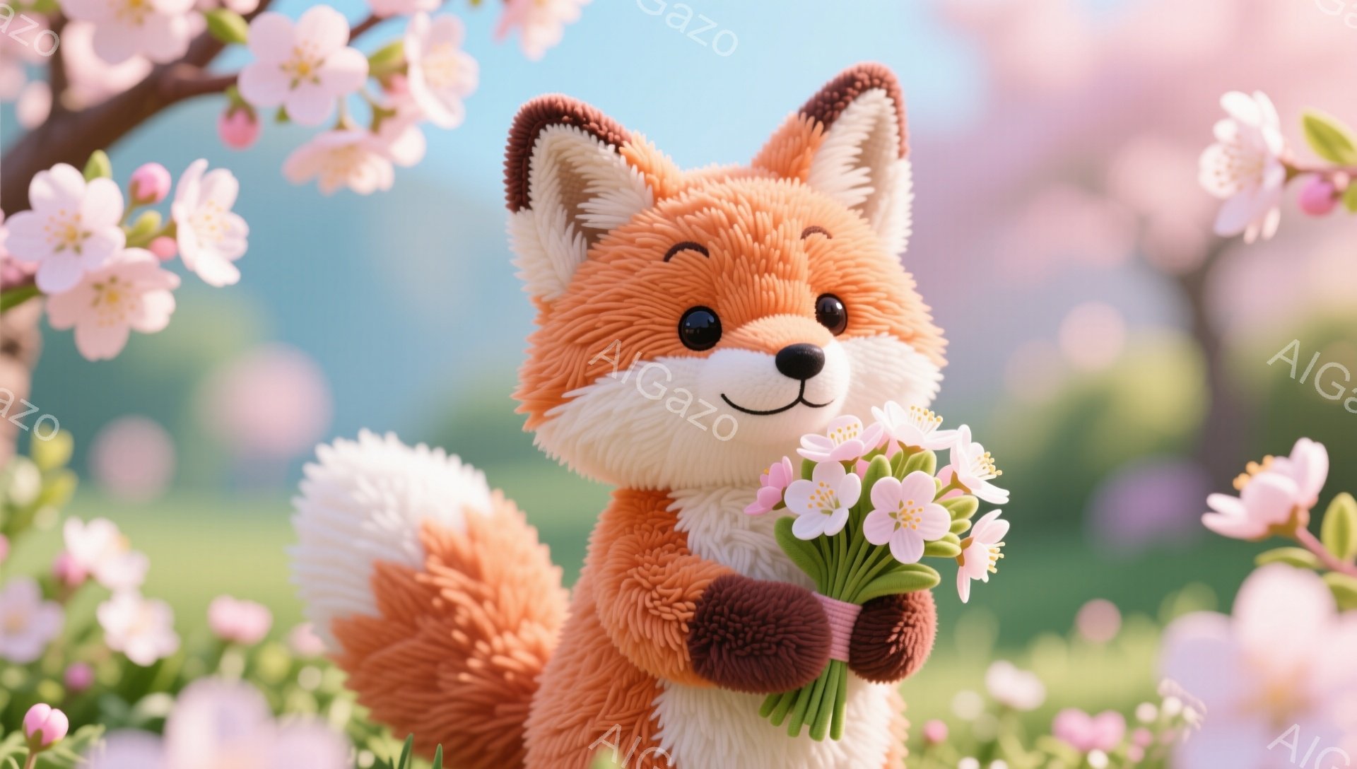 ふわふわの毛並みを持つキツネが、手に桜の花束を持って微笑んでいます。背景には桜が満開の美しい風景が広がり、春の穏やかな雰囲気が漂っています。全体的に暖かく、可愛らしい印象を与える画像です。