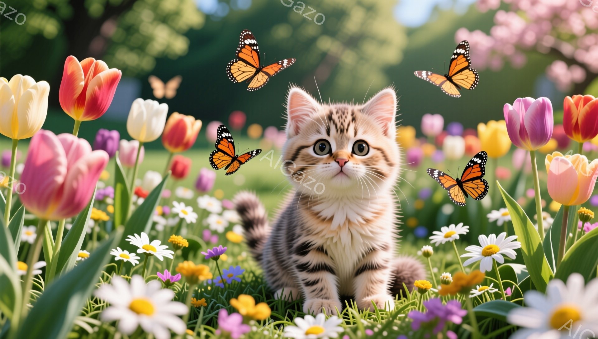 可愛らしい子猫が、色とりどりの花々が咲き乱れる草原に座っている。周りには蝶が舞い、春らしい暖かく穏やかな雰囲気が感じられる。子猫は好奇心旺盛な表情で、何かを見つめているようだ。 - AI生成フリー素材