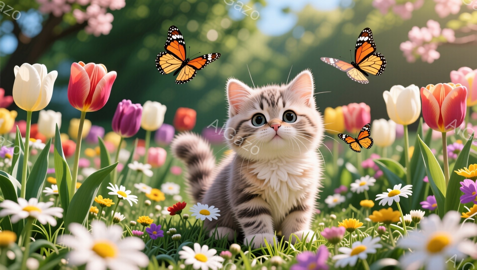 縞模様の小猫が、色とりどりの花畑の中で座っています。蝶が数匹、猫の周りを舞い、穏やかで幸せな雰囲気を醸し出しています。春らしい明るい光が、猫と花を照らしています。 - AI生成フリー素材