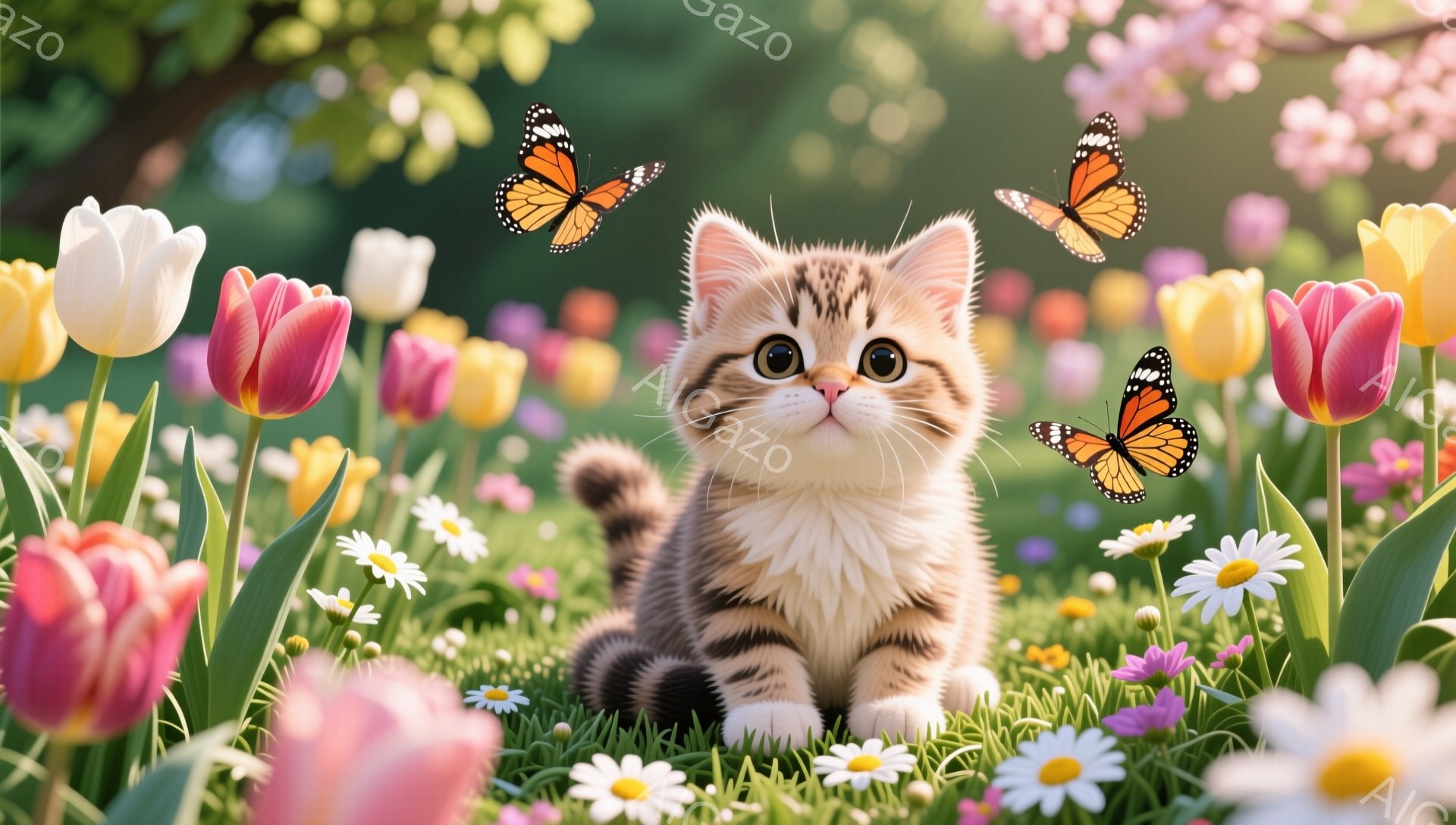 明るい花畑に縞模様の子猫が座っている。子猫は大きな瞳でこちらを見つめ、周囲には蝶が舞っている。暖かく穏やかな春の日の雰囲気が感じられる。 - AI生成フリー素材