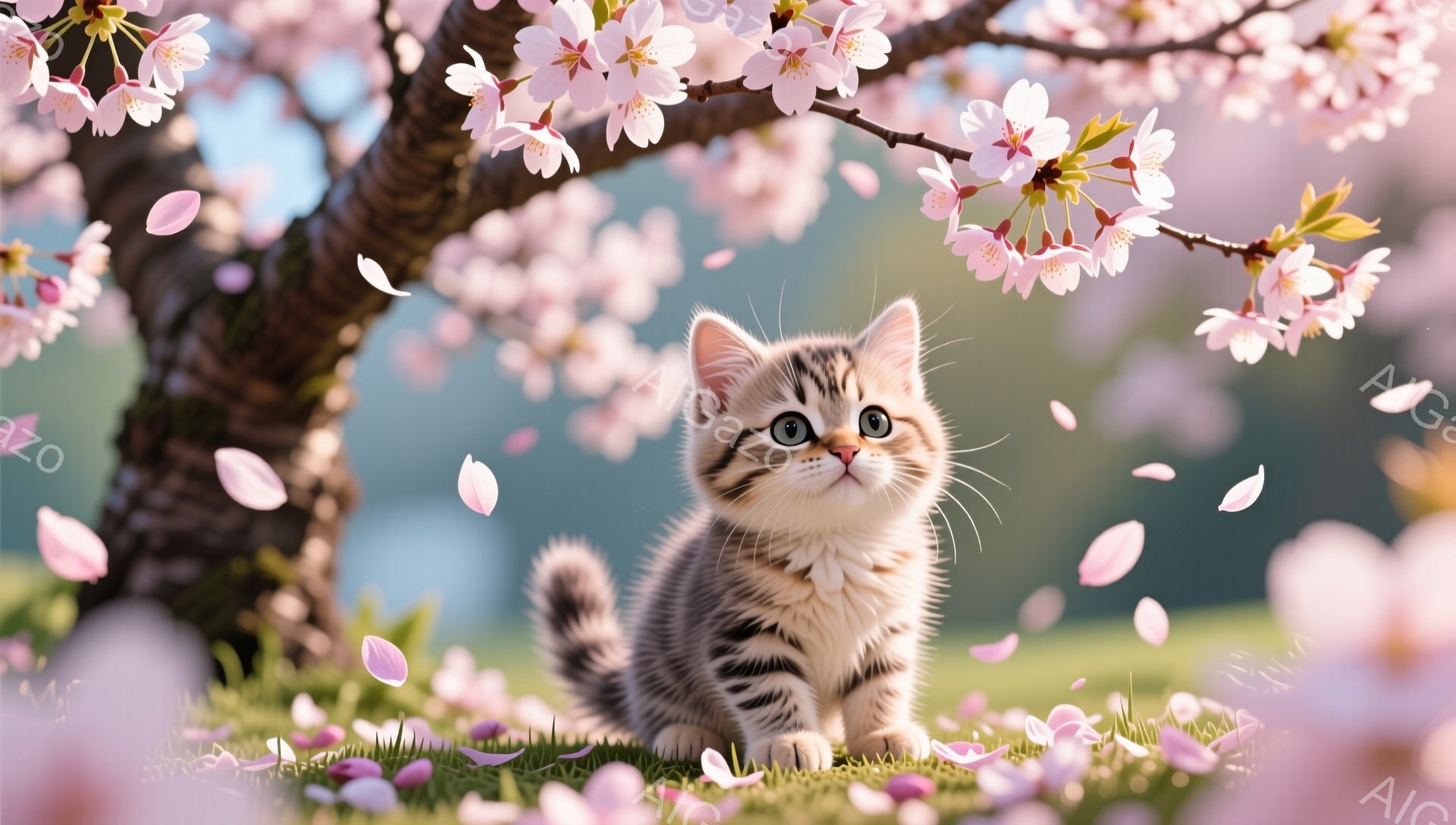 桜の木の下で、子猫が可愛らしく座っています。ピンク色の花びらが舞い散り、春の暖かく穏やかな雰囲気が漂っています。子猫は好奇心旺盛な表情で、何かを見つめているようです。 - AI生成フリー素材