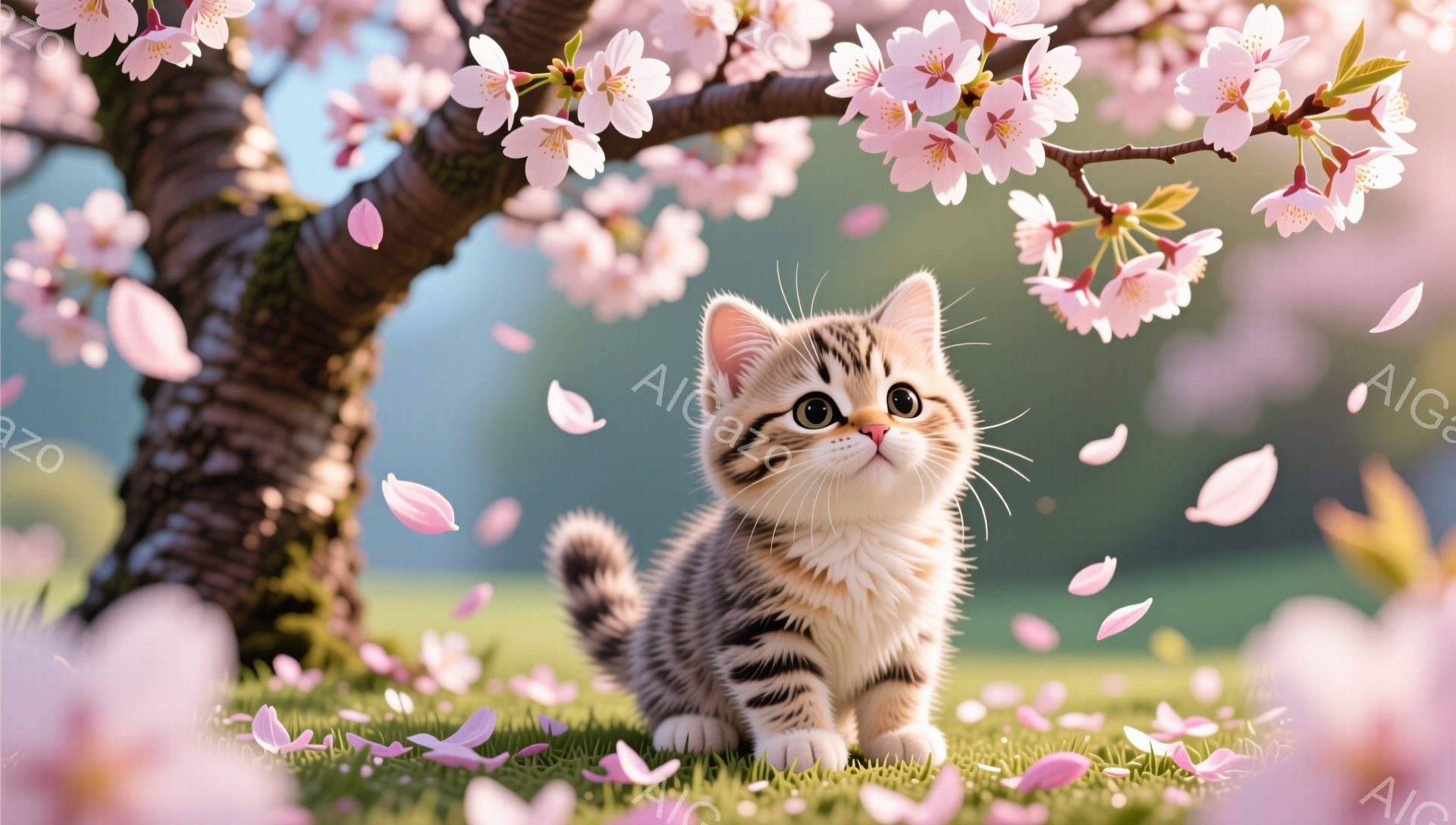 小柄な縞模様の子猫が、桜の木の下で草の上に座っています。ピンク色の花びらが舞い落ち、春らしい穏やかな雰囲気を醸し出しています。子猫は好奇心に満ちた表情で何かを見つめています。 - AI生成フリー素材