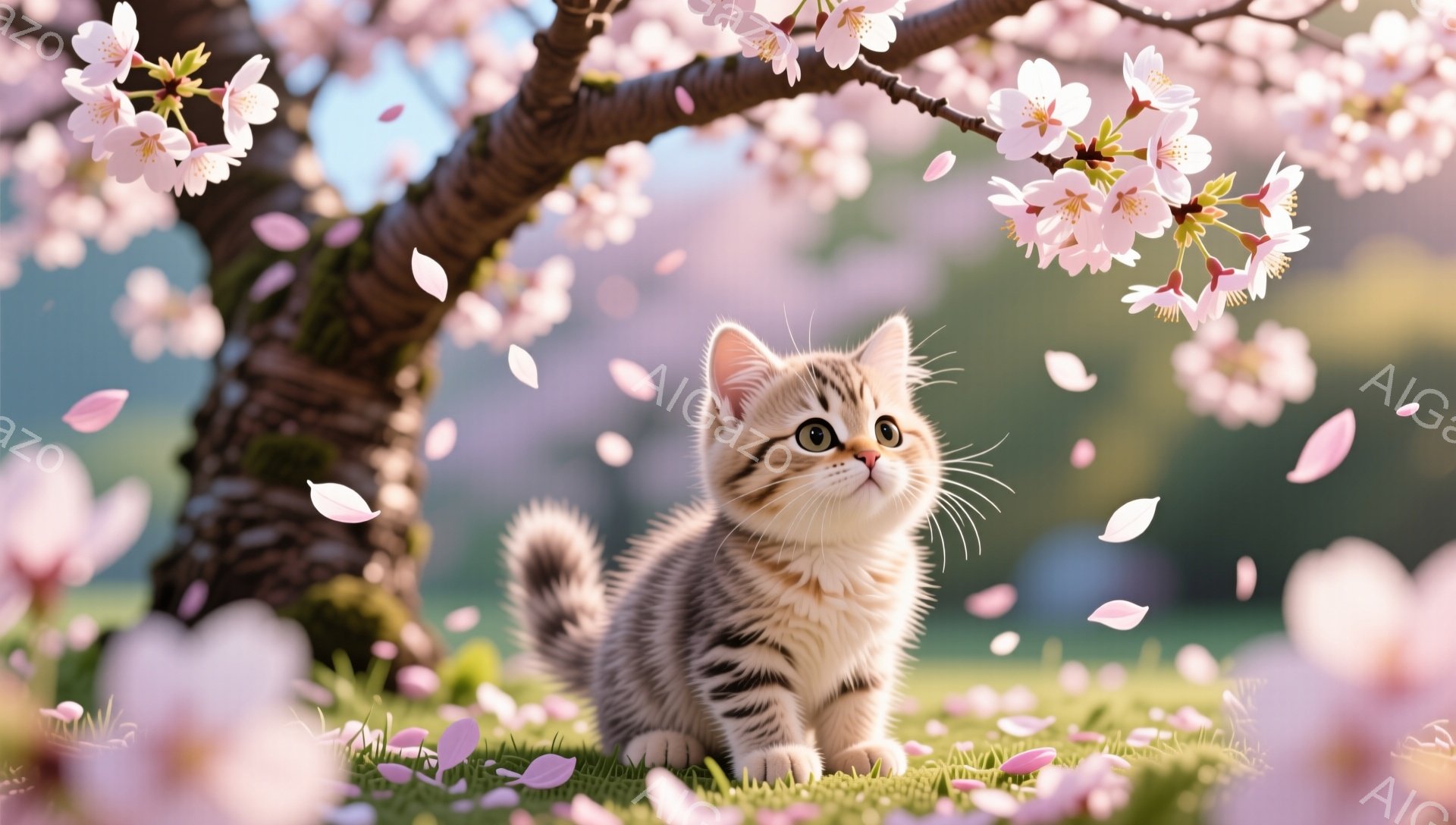 桜の木の下で子猫が座っています。周囲には桜の花びらが舞い散り、春らしい優しい雰囲気が漂っています。子猫は好奇心旺盛な表情で、何かを見つめているようです。 - AI生成フリー素材