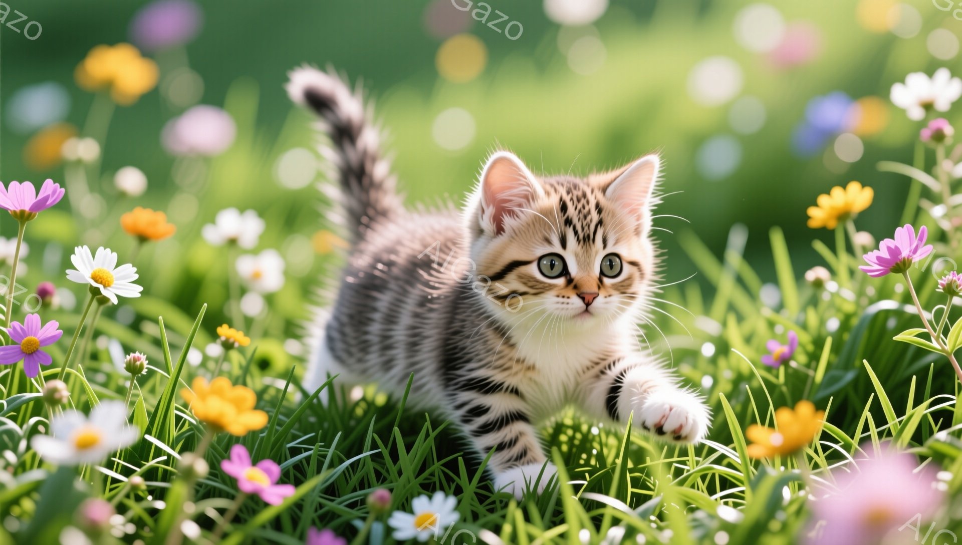 小さな縞模様の子猫が緑の草むらの中を歩いている。周りにはピンクや黄色の小さな花が咲き乱れ、春の暖かく穏やかな雰囲気を醸し出している。子猫は前足を伸ばし、好奇心いっぱいの表情で何かを見ているようだ。 - AI生成フリー素材