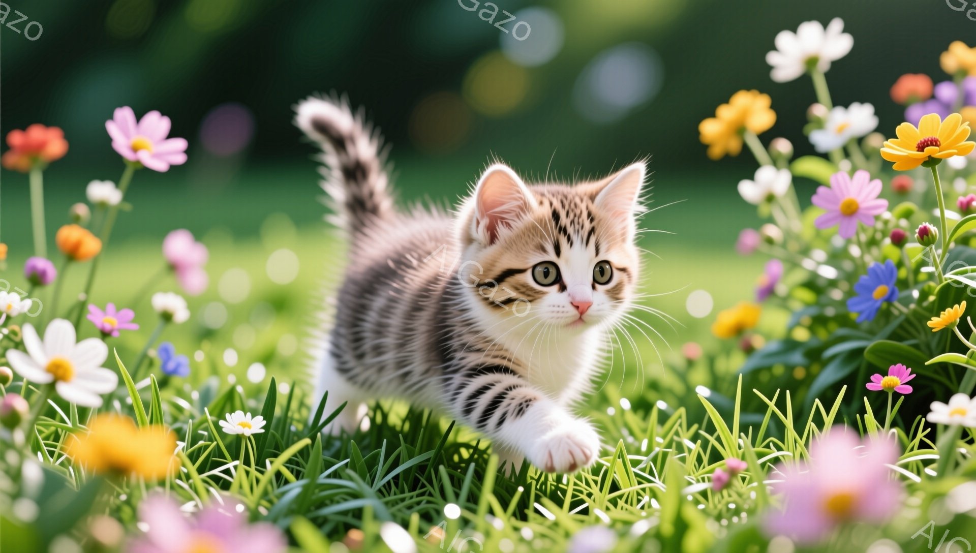 小さな縞模様の子猫が花畑の中を元気いっぱいに走り回っています。緑の草と色とりどりの花が咲き乱れ、子猫の可愛らしさを引き立てています。春らしい暖かく、優しい雰囲気の写真です。 - AI生成フリー素材