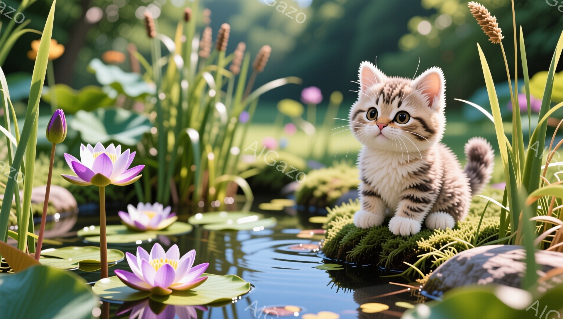 小さな子猫が緑の苔の上に座って、水面に咲く蓮の花を見つめている。周りには緑豊かな水生植物が生い茂り、穏やかで夢幻的な雰囲気を醸し出している。水面には光が反射し、キラキラと輝いている。 - AI生成フリー素材