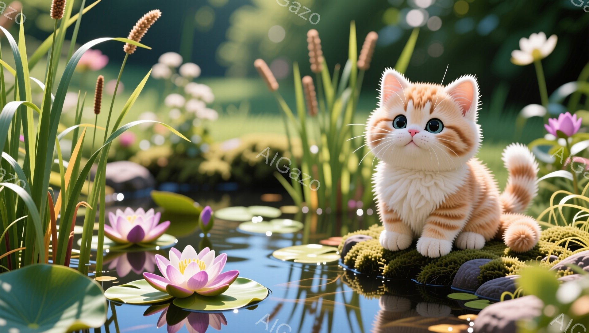 明るい緑色の池に、オレンジ色の小さな子猫が丸い苔の上に座っています。猫は正面を見ており、大きな瞳で好奇心旺盛な表情をしています。背景には蓮の花や水生植物が咲き乱れ、穏やかで平和な雰囲気を醸し出していま - AI生成フリー素材
