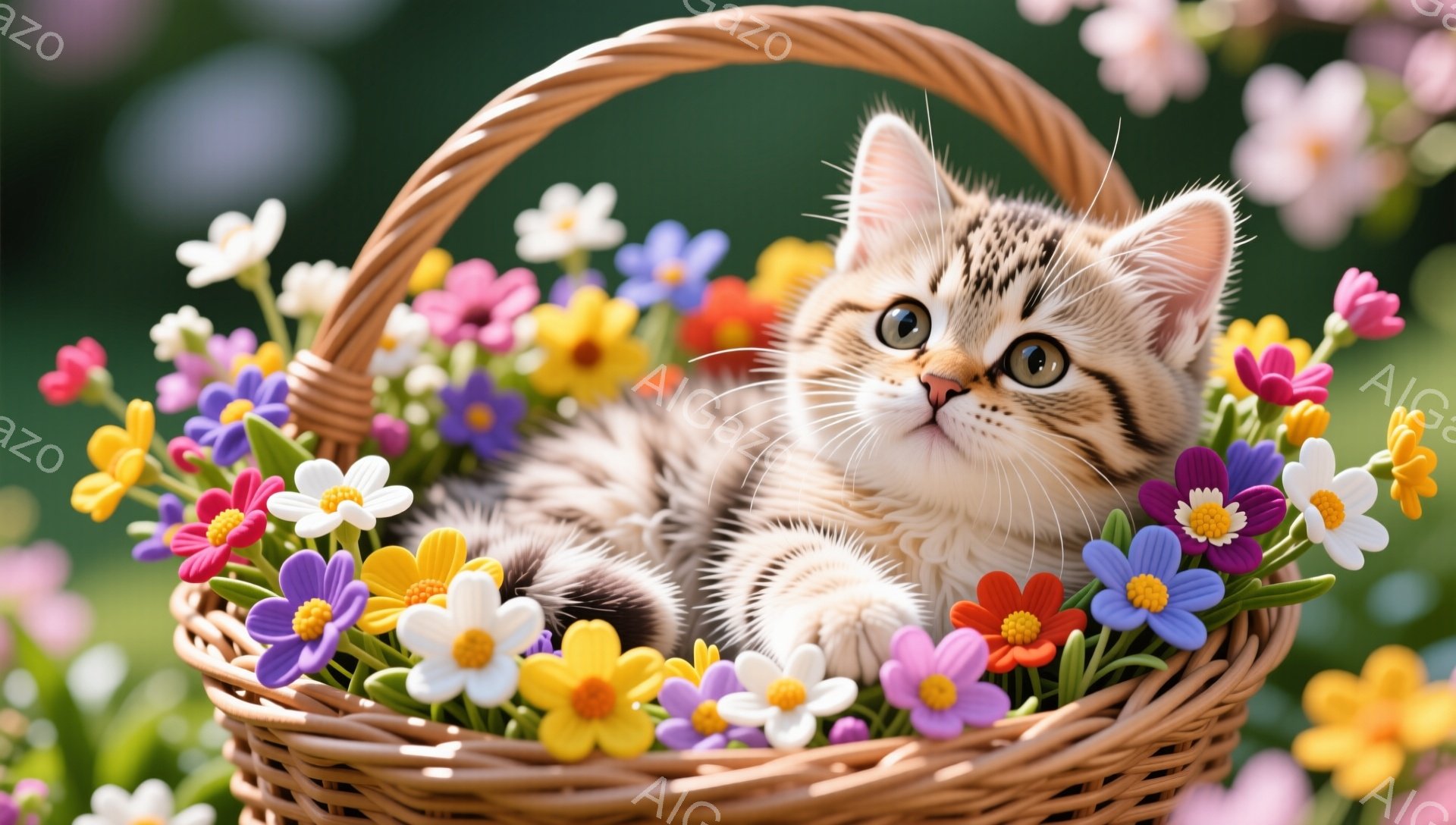 籠の中に子猫が花に囲まれて眠っています。子猫は縞模様で、緑色の瞳が可愛らしいです。背景には、ぼやけた花畑が広がっており、温かい春の雰囲気を感じさせます。