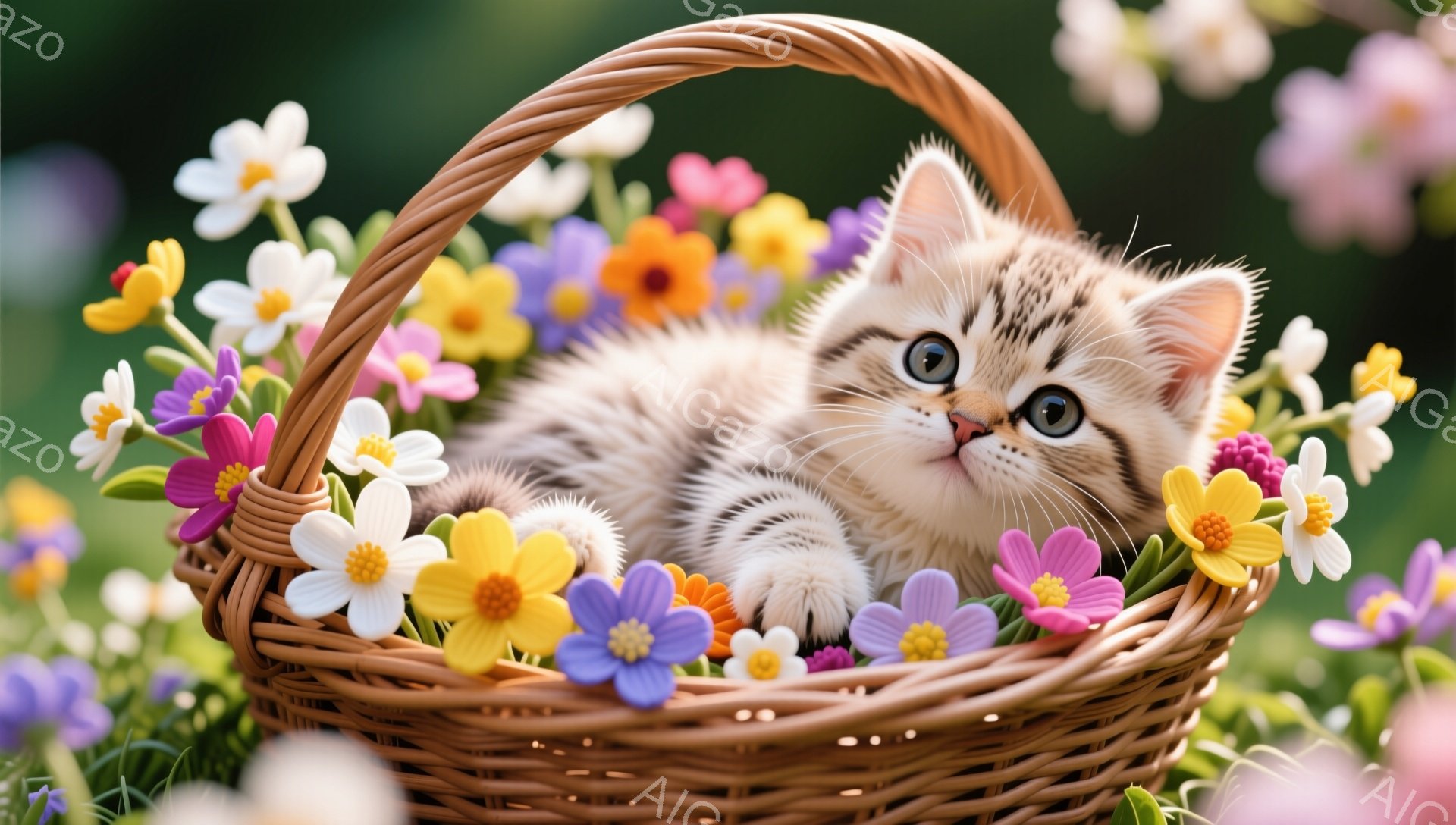籠の中に縞模様の子猫が可愛らしく横たわっています。周りには様々な色の花が咲き乱れ、春らしい優しい雰囲気です。子猫は大きな瞳でこちらを見つめ、とても愛らしい表情をしています。