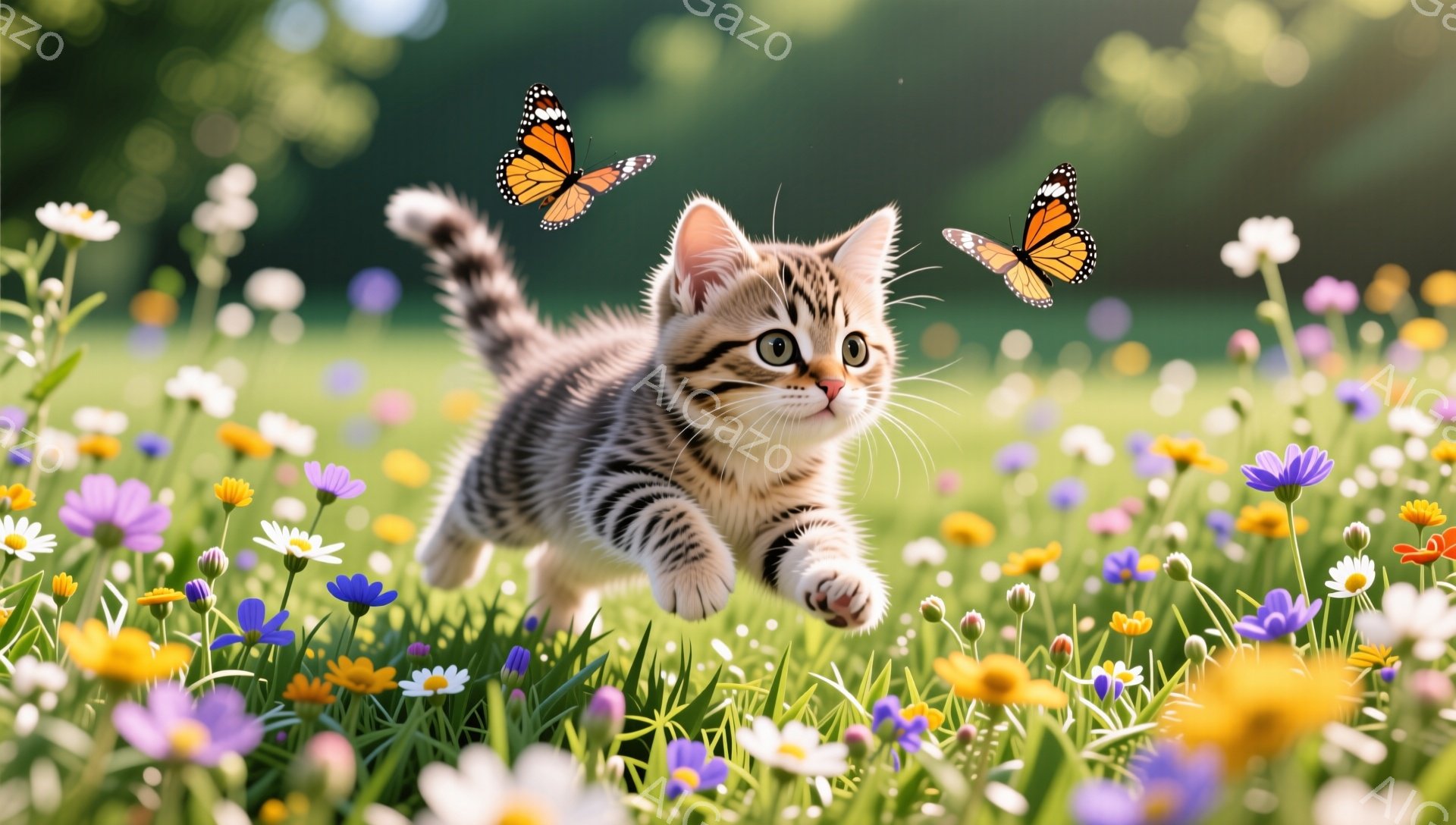 草原で遊ぶ子猫が写っています。子猫は毛むくじゃらの模様を持ち、背景には様々な色の花が咲き乱れています。蝶が２匹、子猫の周りを舞っており、平和で可愛らしい雰囲気が漂っています。