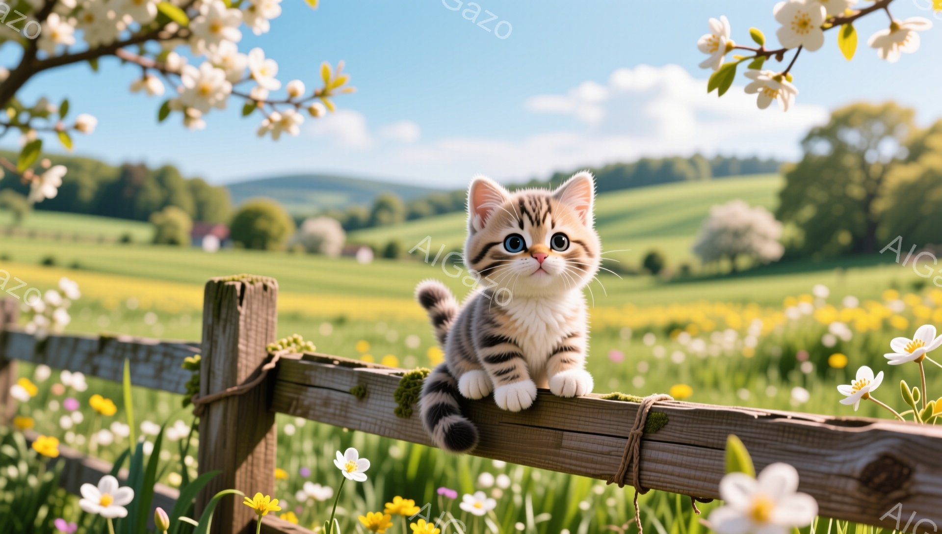 縞模様の小さな子猫が木の柵の上にとまってこちらを見ています。背景には緑の牧草地と色とりどりの花が広がり、春の穏やかな一日が感じられます。木々の花が咲き乱れ、暖かく優しい雰囲気を醸し出しています。