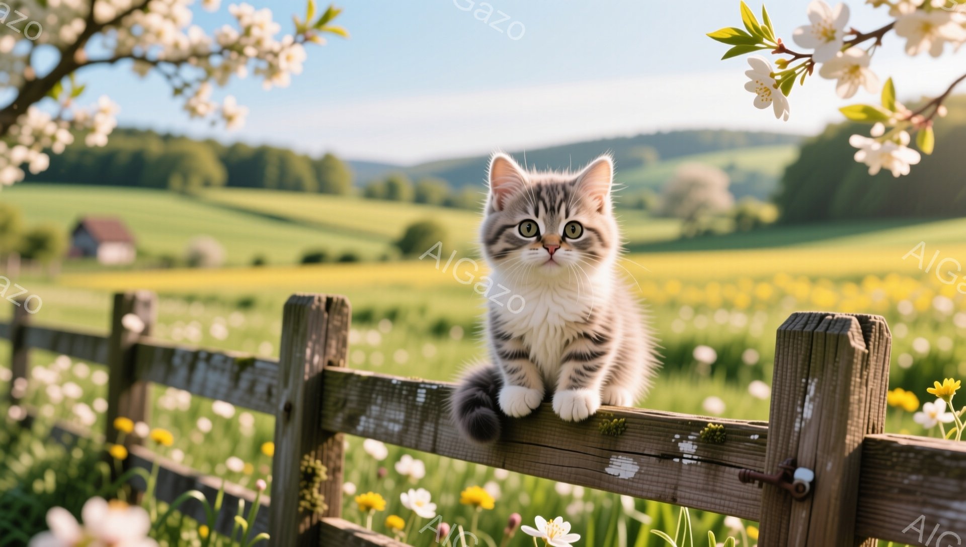 小さな縞模様の子猫が木製の柵の上に座ってこちらを見ています。背景には緑の牧草地と黄色い花が咲き乱れ、遠くには家が見えます。春の穏やかな日差しが暖かく、可愛らしい雰囲気が漂っています。 - AI生成フリー素材