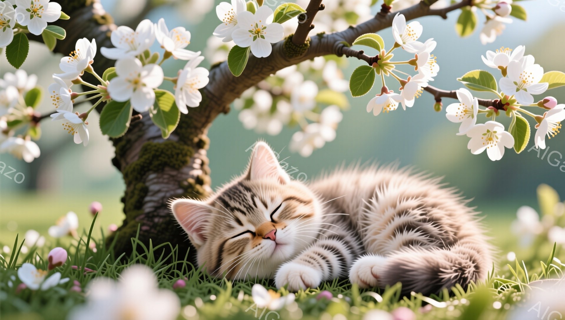 春の草の上に丸まって眠る、縞模様の小さな子猫がいます。周囲には白とピンクの花が咲き乱れ、柔らかな光が差し込んでいます。穏やかで平和な雰囲気が漂う、心温まる光景です。