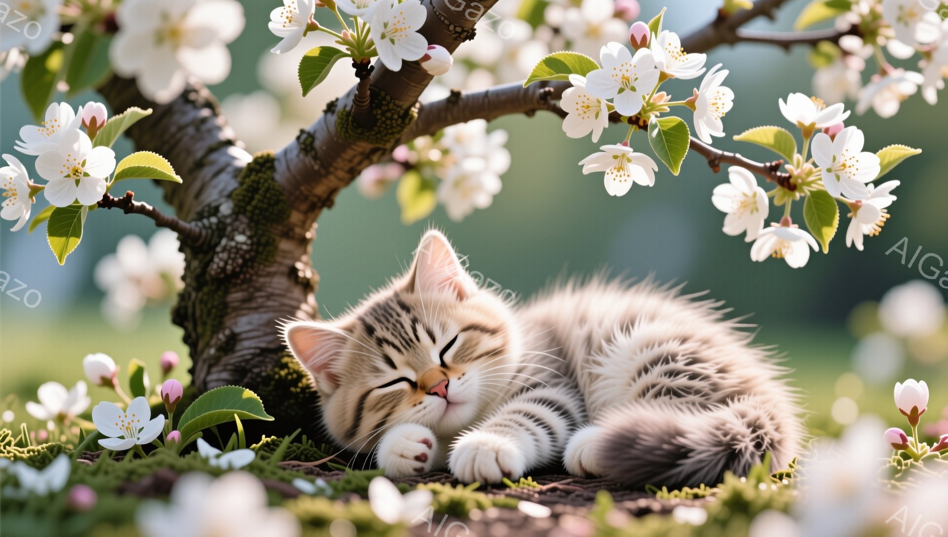 縞模様の子猫が木の根元で丸まって眠っています。ピンクと白の桜の花が背景を彩り、穏やかで優しい雰囲気を醸し出しています。春の暖かい日差しが子猫を包み込み、安らかな眠りを誘っているようです。