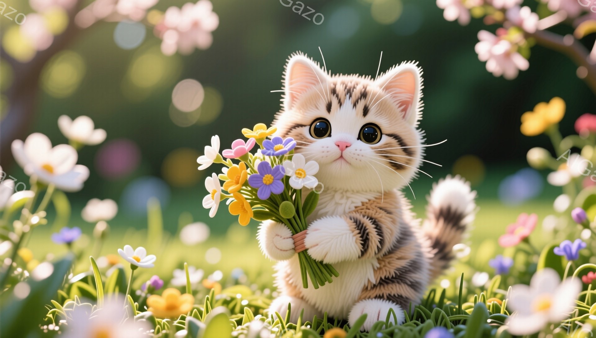 小さな縞模様の猫が、たくさんの色とりどりの花束を抱えています。猫は花畑の中に座り、明るい日差しの中で幸せそうに微笑んでいます。背景には、ぼやけた花々と緑の草が広がり、春の暖かく優しい雰囲気を醸し出しています。