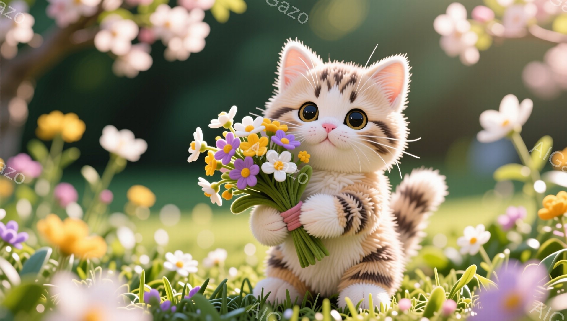 縞模様の可愛い子猫が、たくさんの花束を抱えて座っています。背景には色とりどりの花々が咲き乱れ、春の暖かい日差しが差し込んでいます。猫は嬉しそうに微笑み、穏やかで幸せな雰囲気を醸し出しています。 - AI生成フリー素材