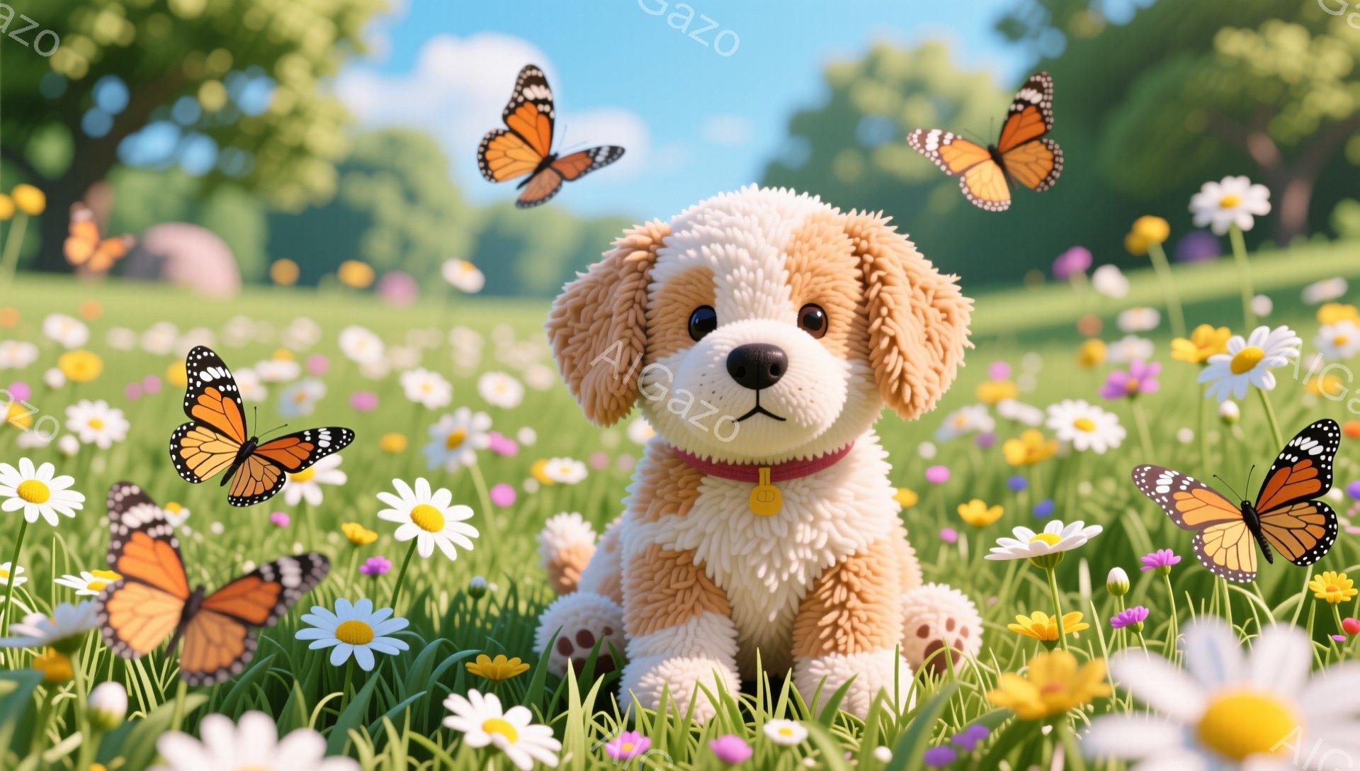 明るい緑の草原で、オレンジ色のモンシロチョウが舞う中、小さな茶色のパピーがこちらを見つめています。パピーは赤い首輪をつけており、周囲には白いデイジーが咲き乱れています。暖かく穏やかな雰囲気の、幸せな一瞬が捉えられています。
