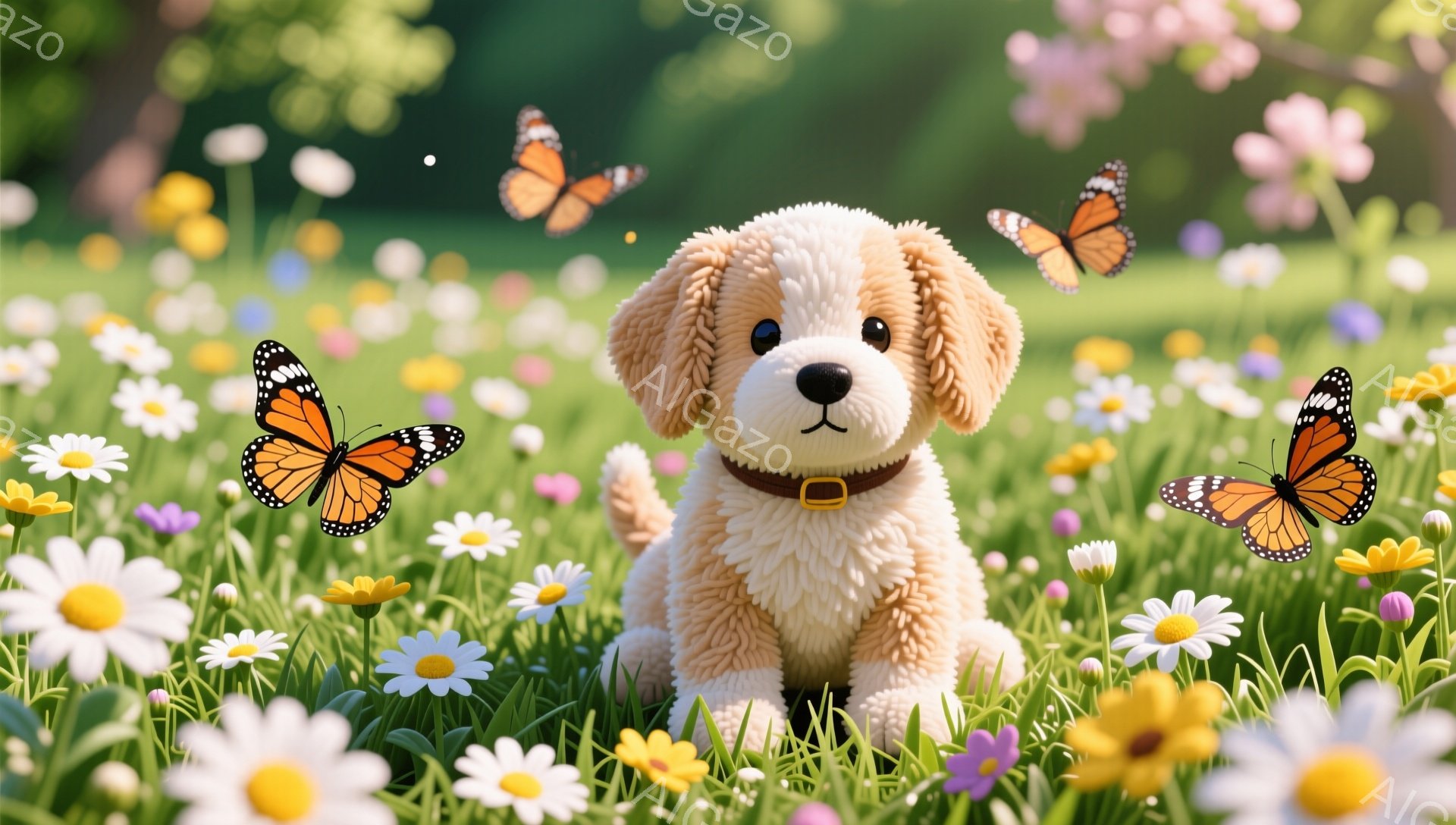 柔らかい毛並みの小さな子犬が、色とりどりの花が咲き乱れる草原に座っています。鮮やかなオレンジ色の蝶が数匹、子犬の周りを優雅に舞い、のどかな雰囲気を演出しています。子犬は茶色の首輪をつけ、穏やかな表情で - AI生成フリー素材