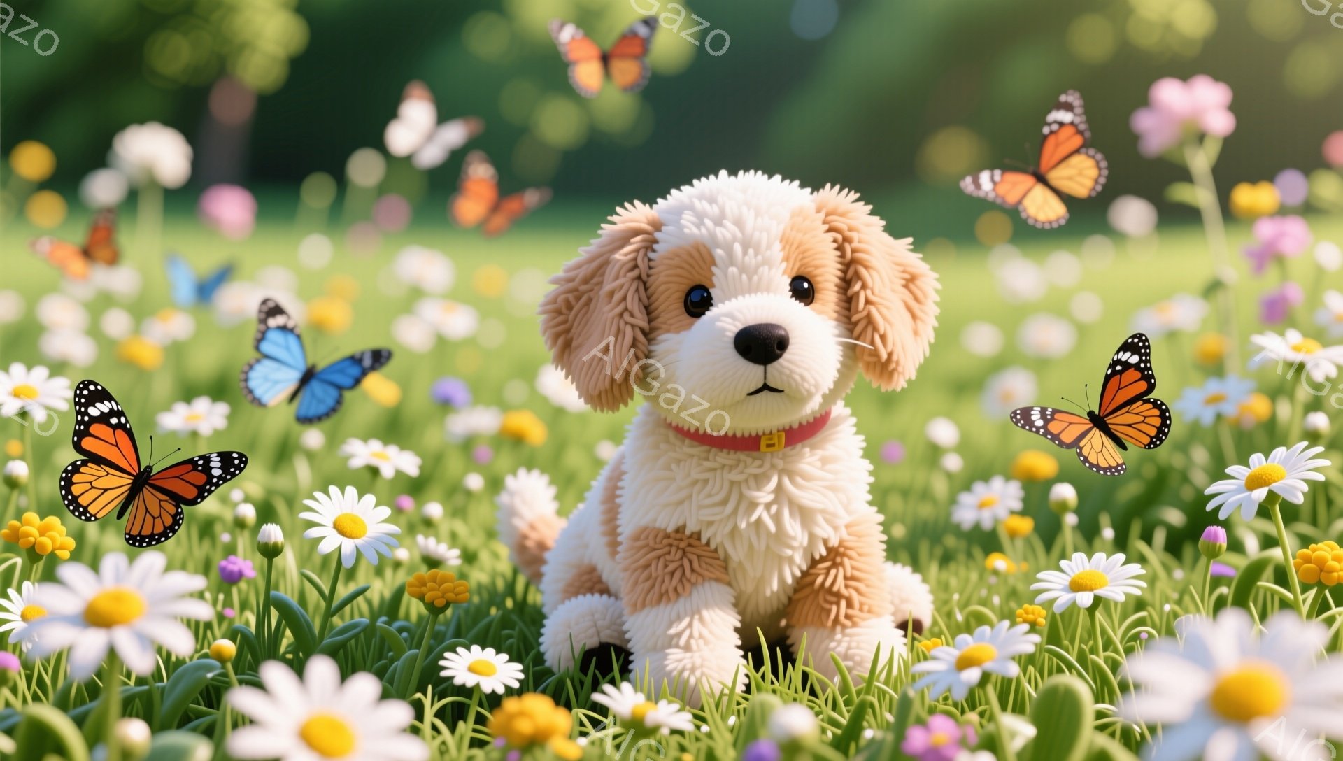 緑豊かな花畑に座る、ふわふわのクリーム色のパピーがいます。オレンジ色の首輪をつけており、周りには色とりどりの蝶が舞っています。暖かい日差しが降り注ぎ、平和で穏やかな雰囲気が漂っています。