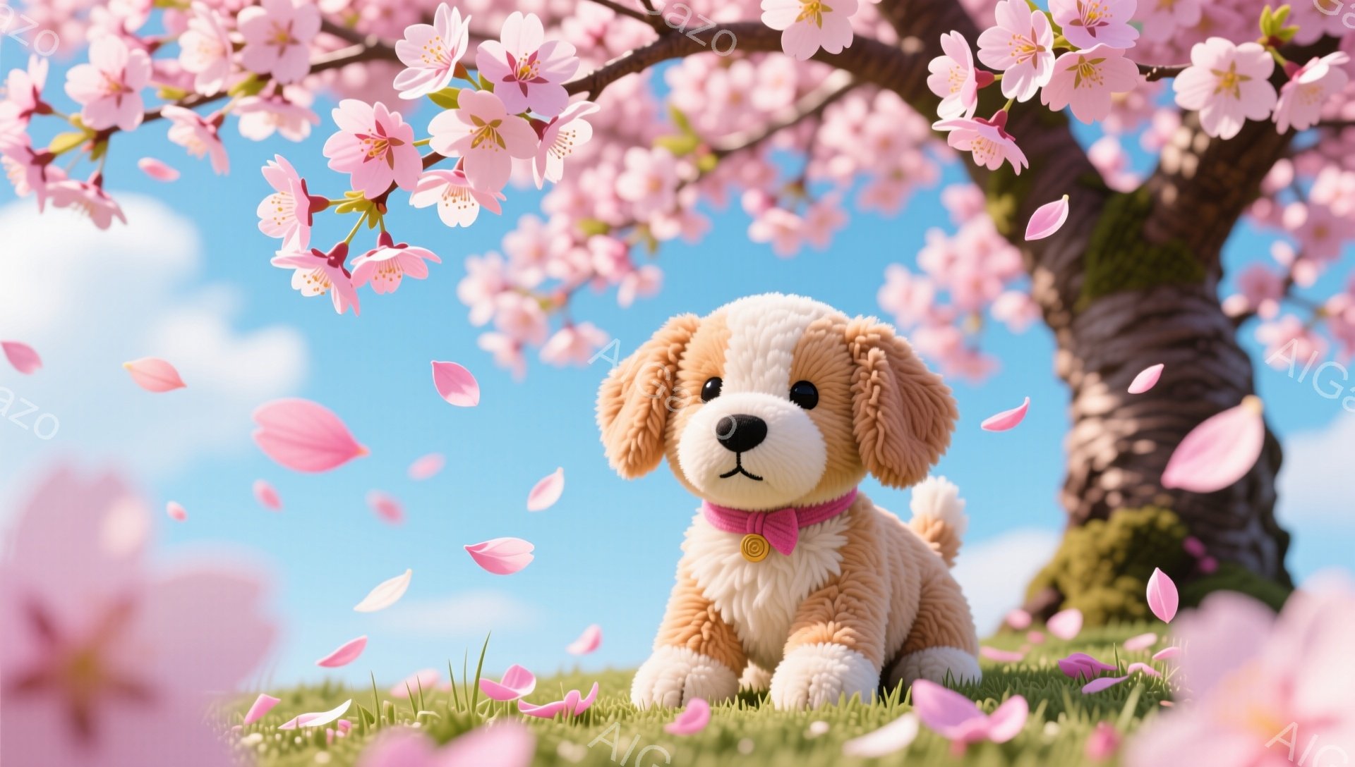 桜の木の下で、ふわふわのクリーム色の犬の子犬が座っています。ピンクの襟をつけ、穏やかな表情で、まるで春の風景の一部のように見えます。周りには桜の花びらが舞い、暖かく優しい雰囲気を作り出しています。